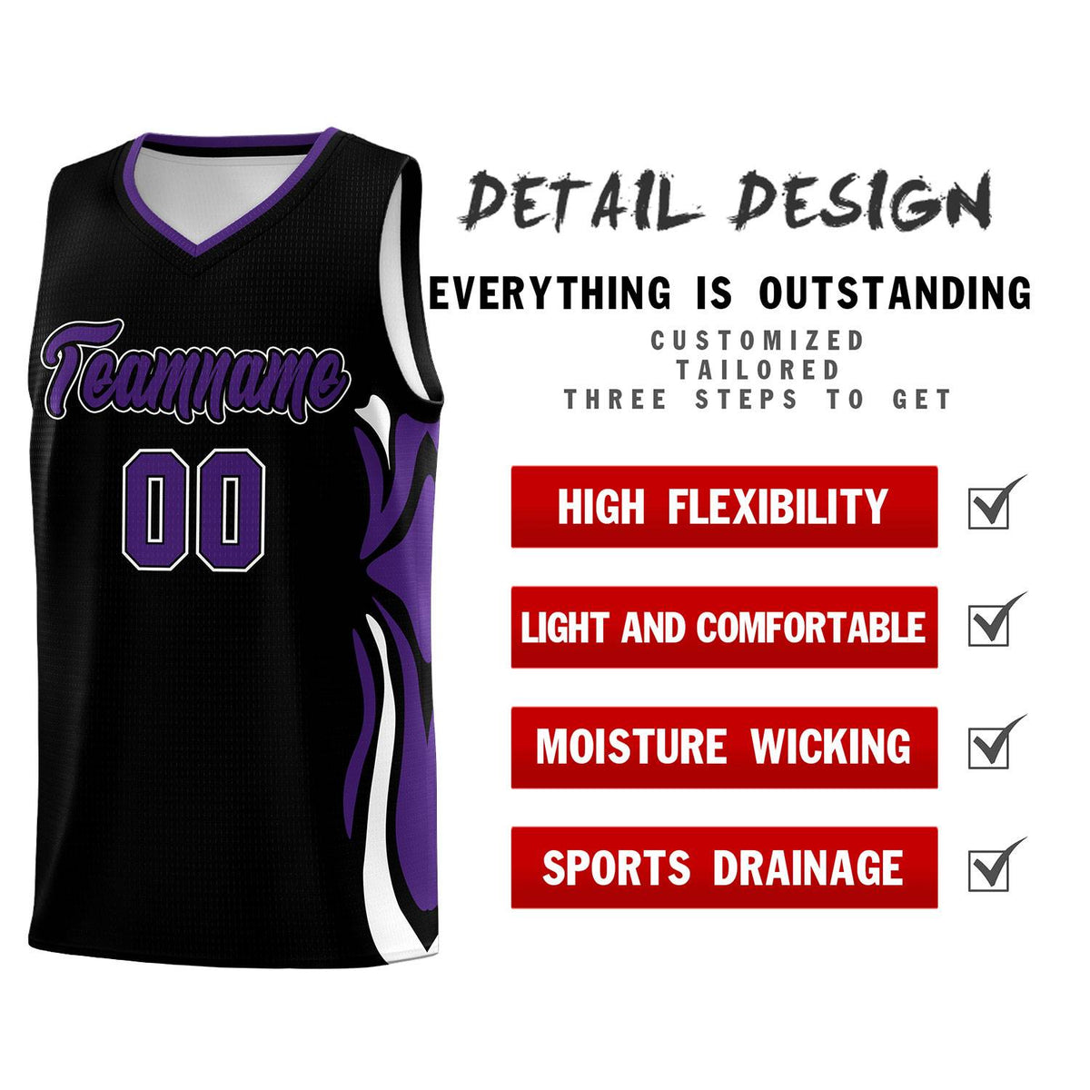Custom Black Purple-White Graffiti Pattern Side Curve Pattern Sports Uniform Basketball Jersey Sets