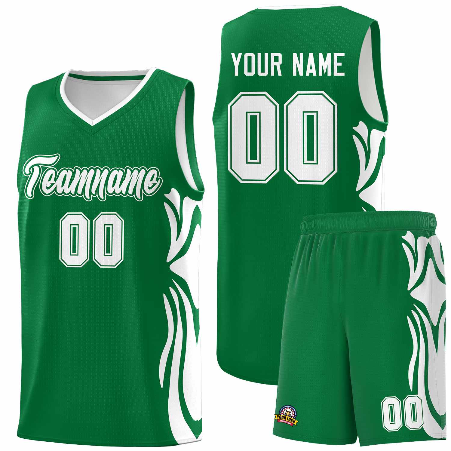 Custom Kelly Green White-White Graffiti Pattern Side Curve Pattern Sports Uniform Basketball Jersey Sets