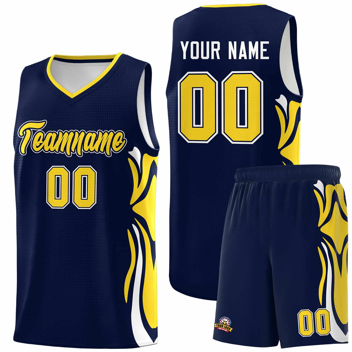 Custom Navy Gold-White Graffiti Pattern Side Curve Pattern Sports Uniform Basketball Jersey Sets