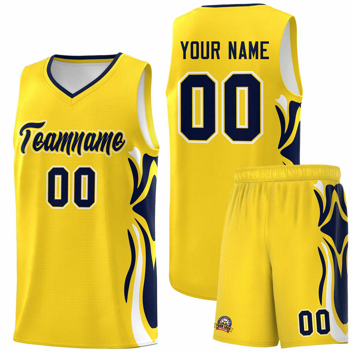 Custom Gold Navy-White Graffiti Pattern Side Curve Pattern Sports Uniform Basketball Jersey Sets