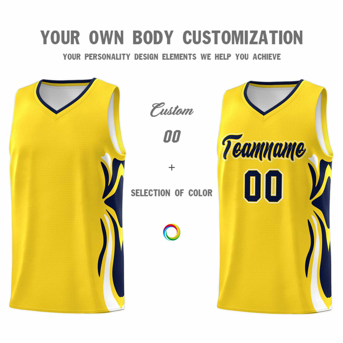 Custom Gold Navy-White Graffiti Pattern Side Curve Pattern Sports Uniform Basketball Jersey Sets