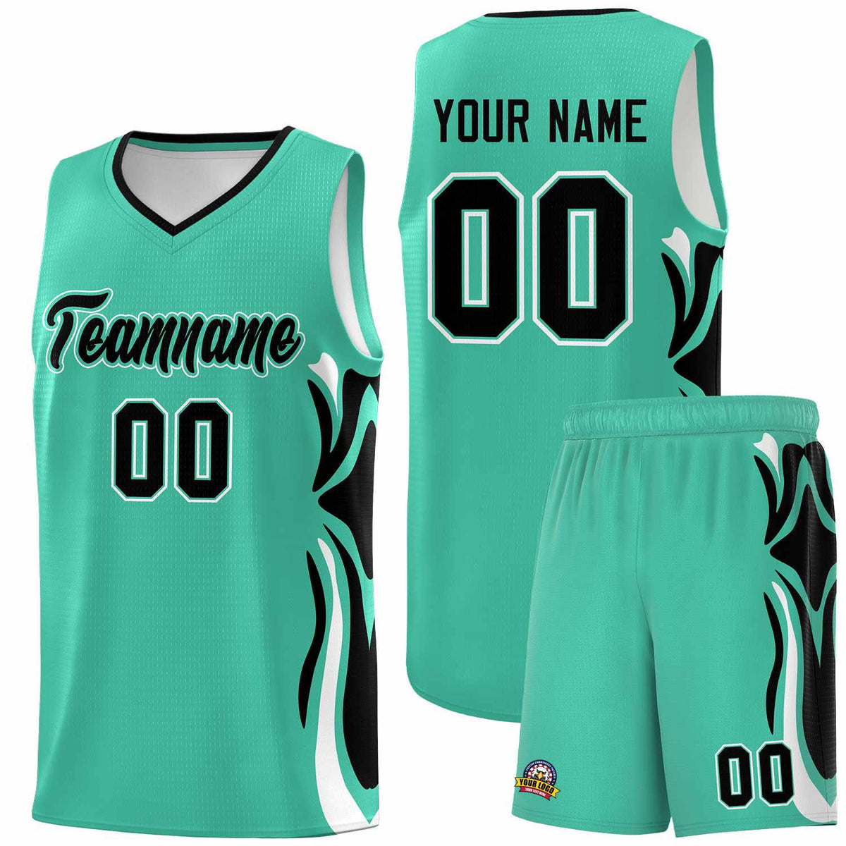 Custom Bright Green Black-White Graffiti Pattern Side Curve Pattern Sports Uniform Basketball Jersey Sets