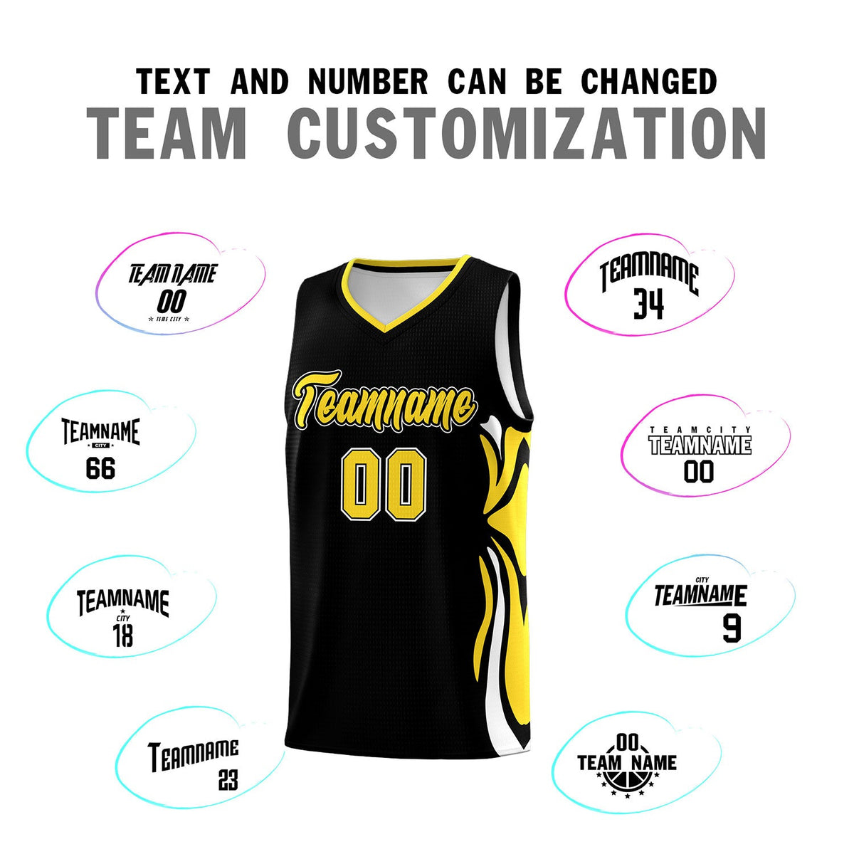 Custom Black Gold-White Graffiti Pattern Side Curve Pattern Sports Uniform Basketball Jersey Sets