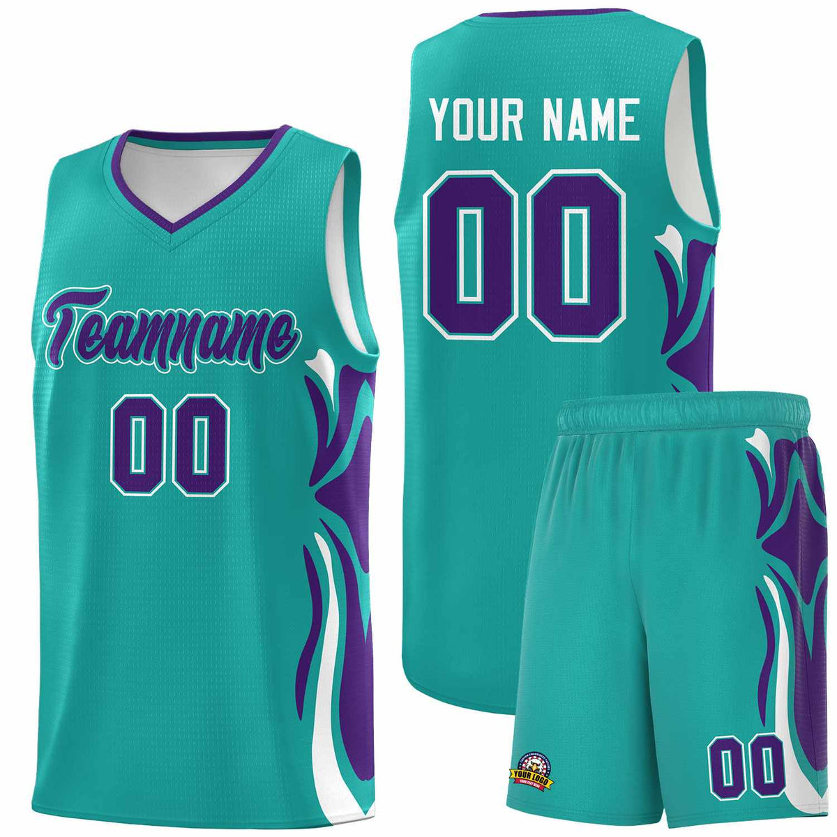 Custom Aqua Purple-White Graffiti Pattern Side Curve Pattern Sports Uniform Basketball Jersey Sets