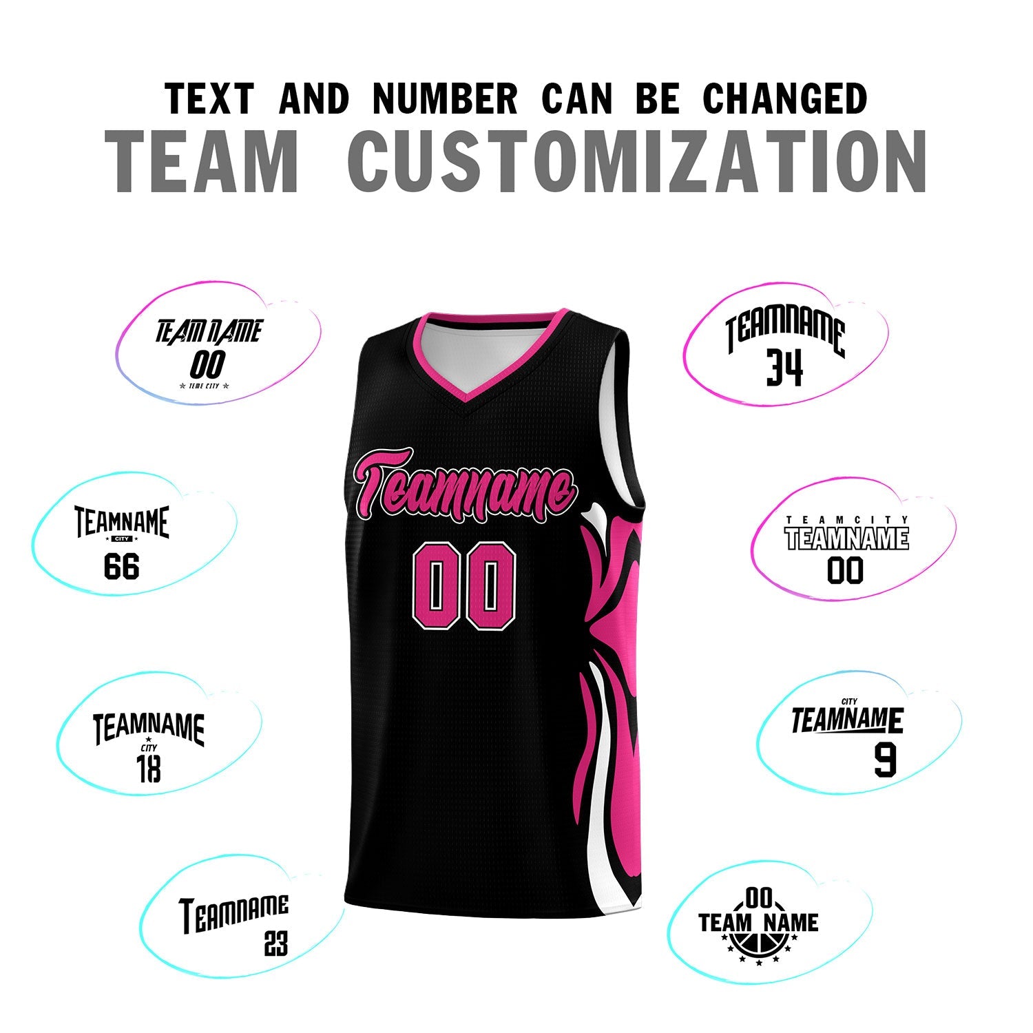 Custom Black Pink-White Graffiti Pattern Side Curve Pattern Sports Uniform Basketball Jersey Sets