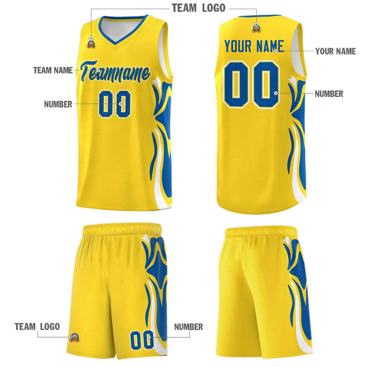 Custom Gold Royal-White Graffiti Pattern Side Curve Pattern Sports Uniform Basketball Jersey Sets