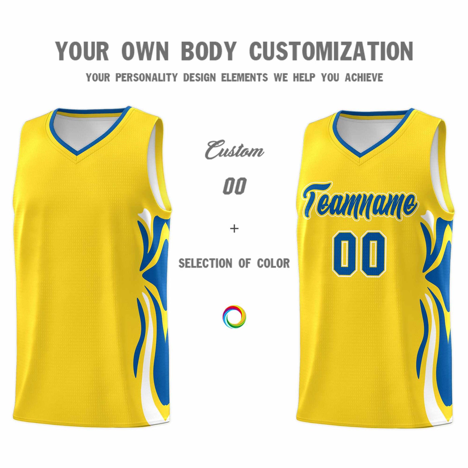 Custom Gold Royal-White Graffiti Pattern Side Curve Pattern Sports Uniform Basketball Jersey Sets