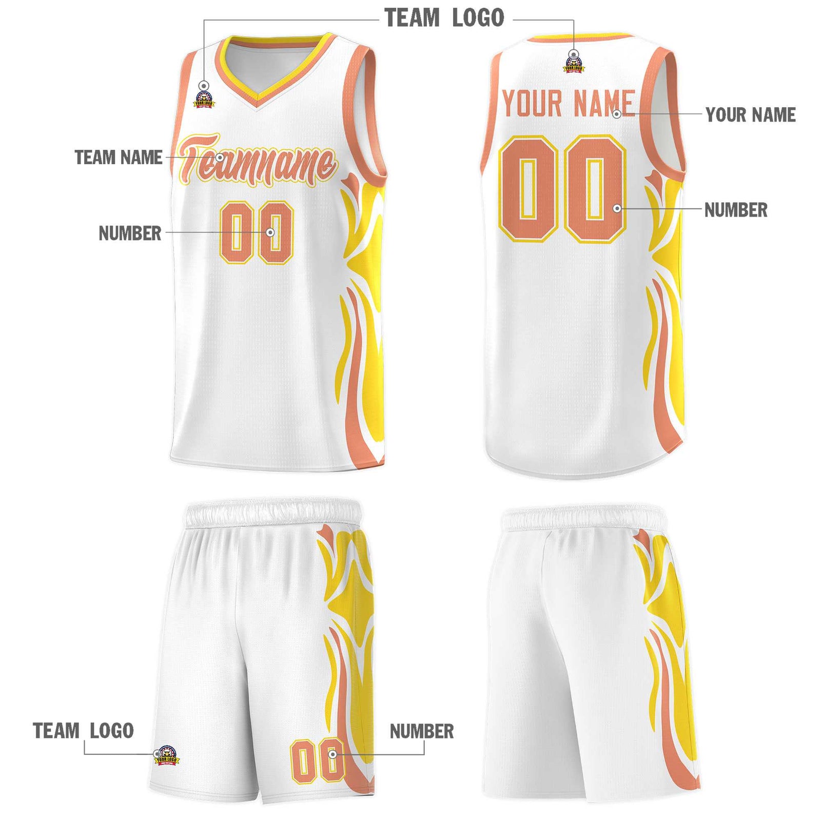 Custom White Light Orange-Gold Graffiti Pattern Side Curve Pattern Sports Uniform Basketball Jersey Sets