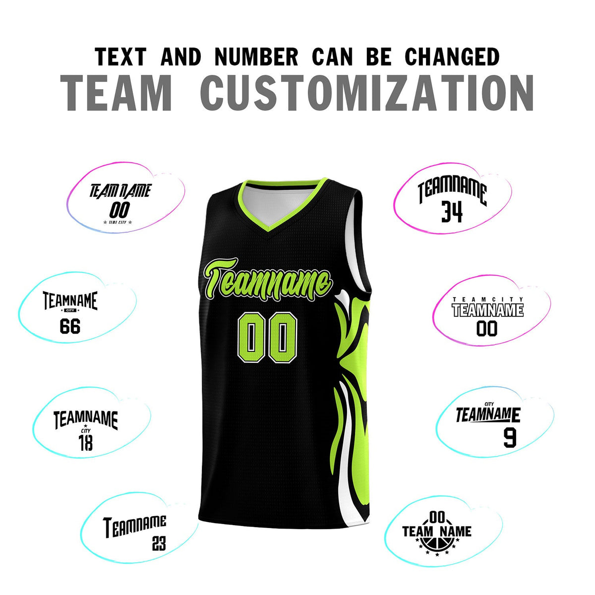 Custom Black Light Green-White Graffiti Pattern Side Curve Pattern Sports Uniform Basketball Jersey Sets