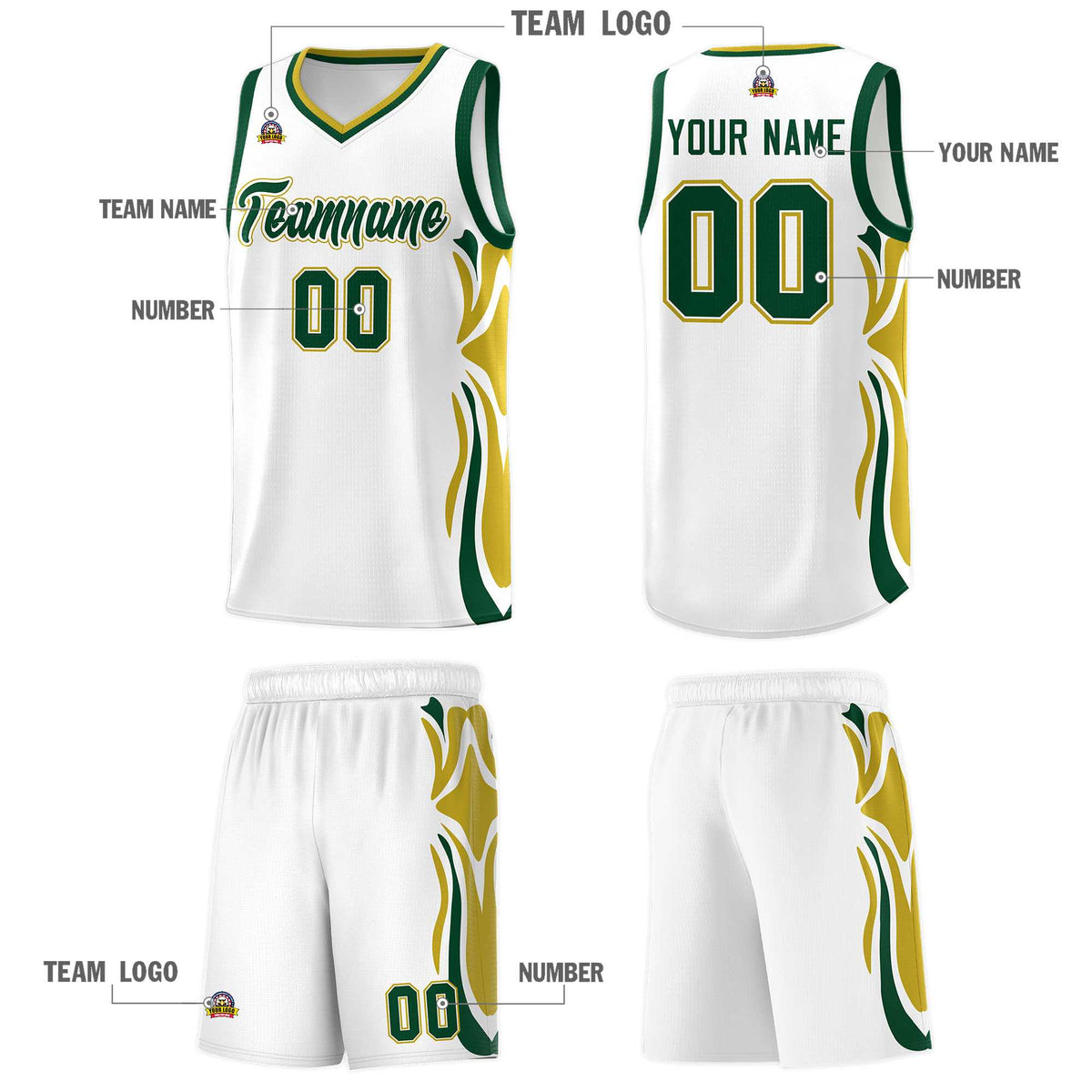 Custom White Green-Old Gold Graffiti Pattern Side Curve Pattern Sports Uniform Basketball Jersey Sets