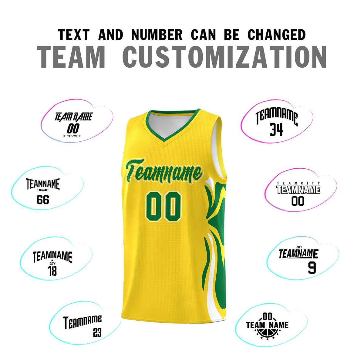Custom Gold Kelly Green-White Graffiti Pattern Side Curve Pattern Sports Uniform Basketball Jersey Sets
