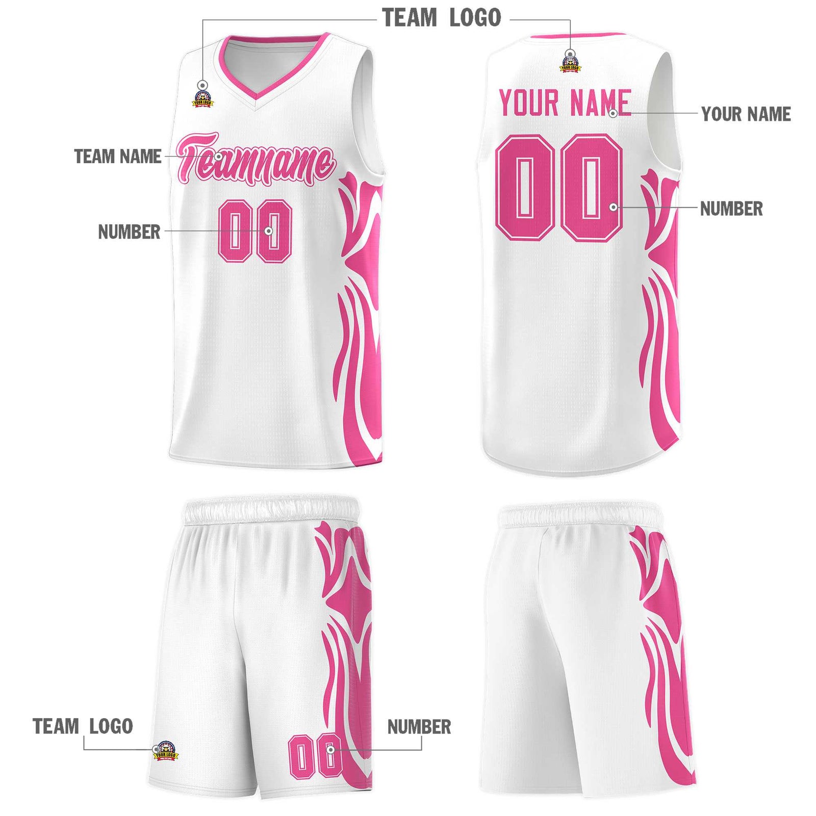 Custom White Pink-Pink Graffiti Pattern Side Curve Pattern Sports Uniform Basketball Jersey Sets