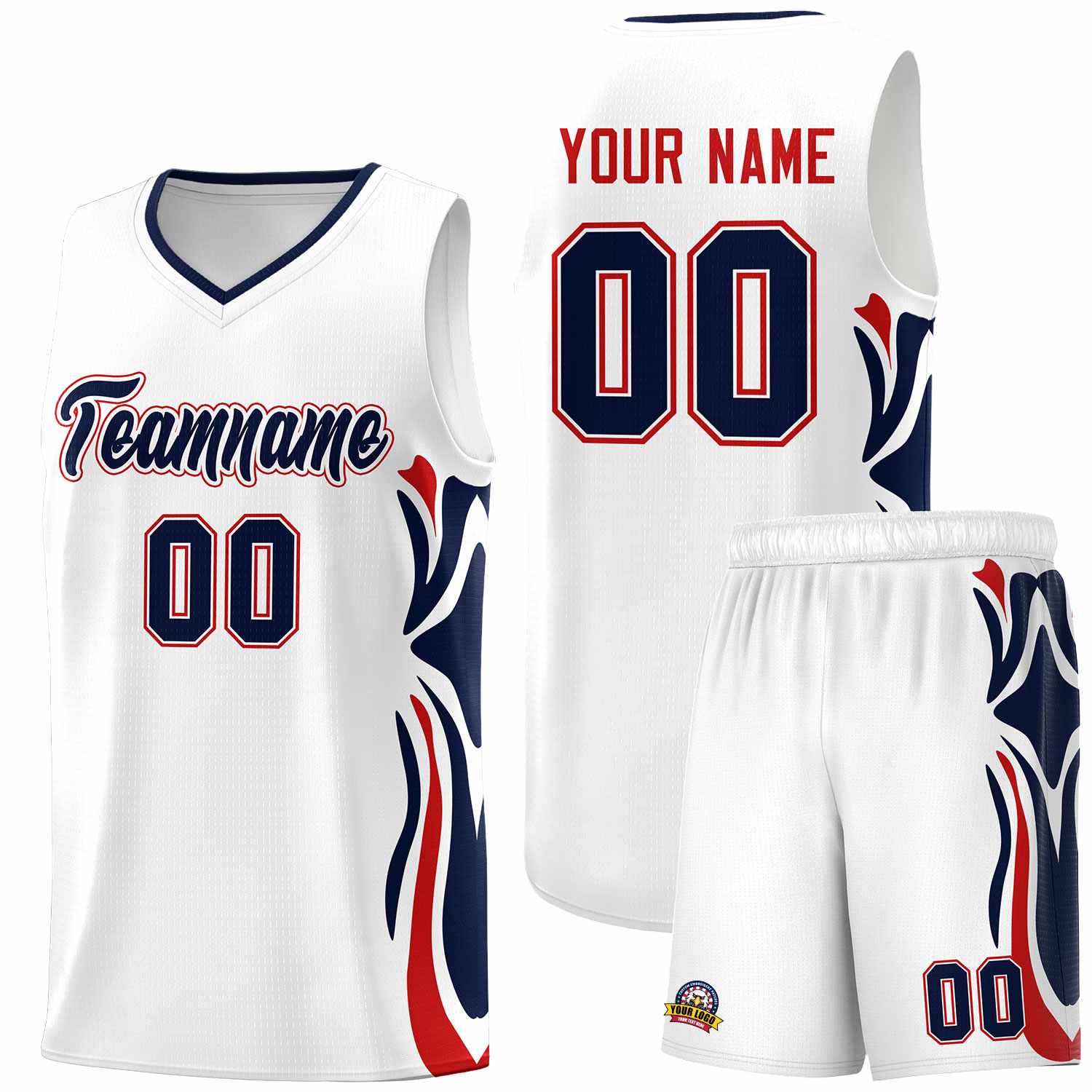 Custom White Navy-Red Graffiti Pattern Side Curve Pattern Sports Uniform Basketball Jersey Sets