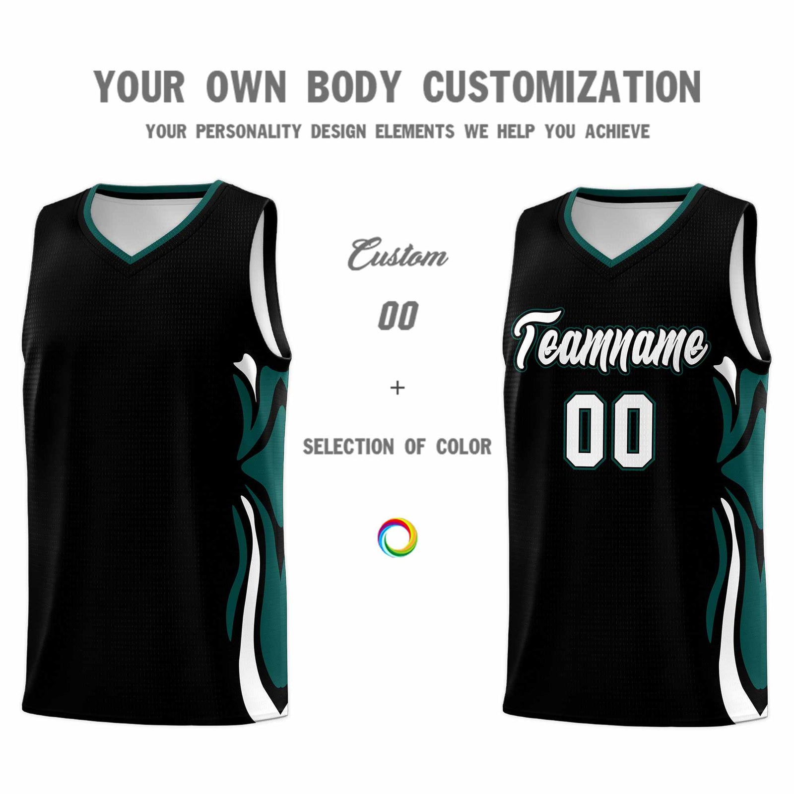 Custom Black White-Midnight Green Graffiti Pattern Side Curve Pattern Sports Uniform Basketball Jersey Sets