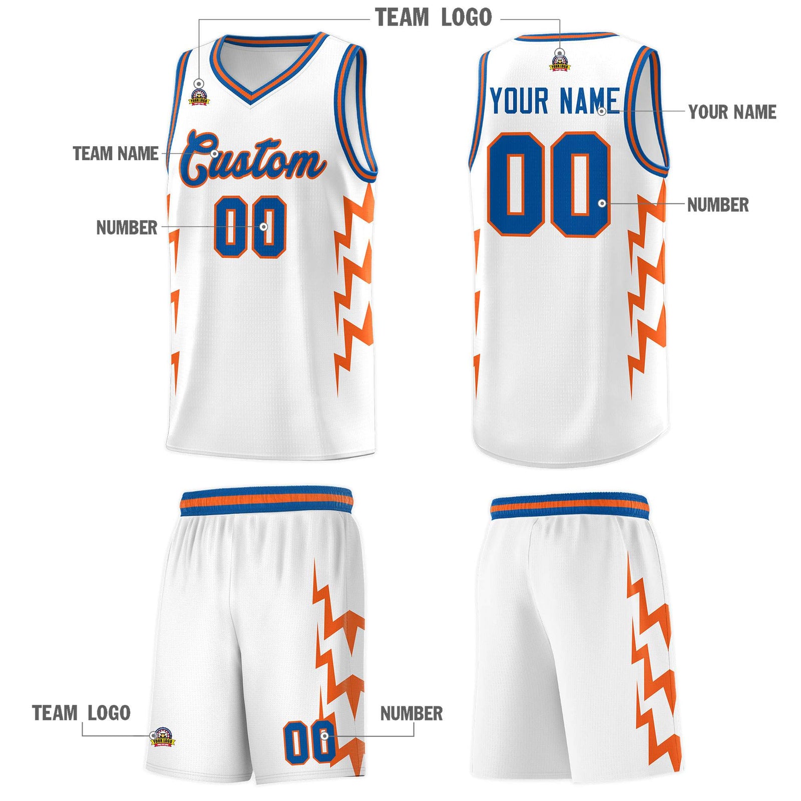 Custom White Side Lightning Pattern Sports Uniform Basketball Jersey