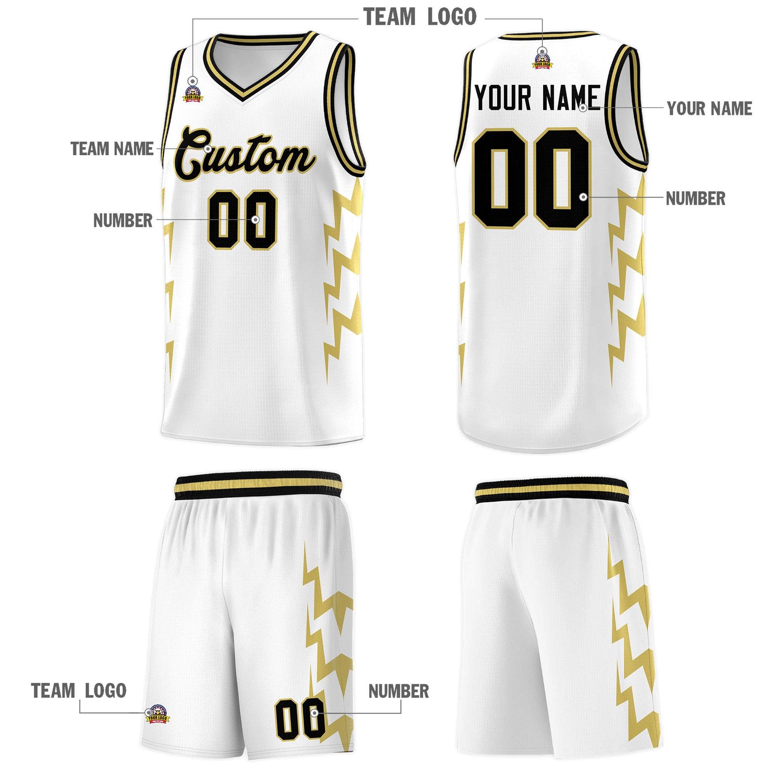 Custom White Side Lightning Pattern Sports Uniform Basketball Jersey