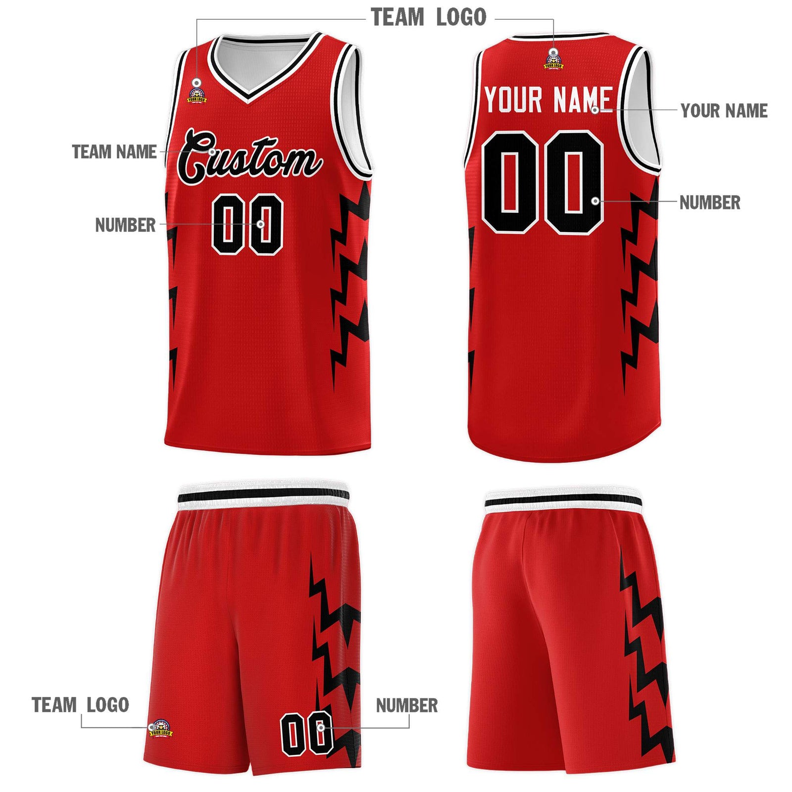 Custom Red Side Lightning Pattern Sports Uniform Basketball Jersey