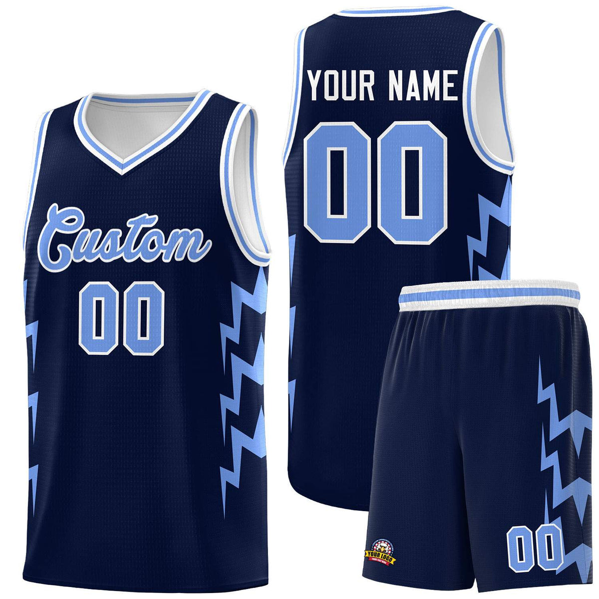 Custom Navy Side Lightning Pattern Sports Uniform Basketball Jersey