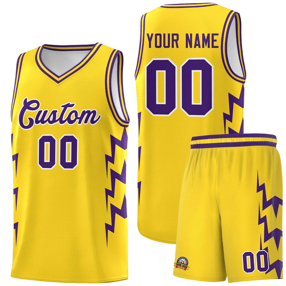 Custom Gold Side Lightning Pattern Sports Uniform Basketball Jersey