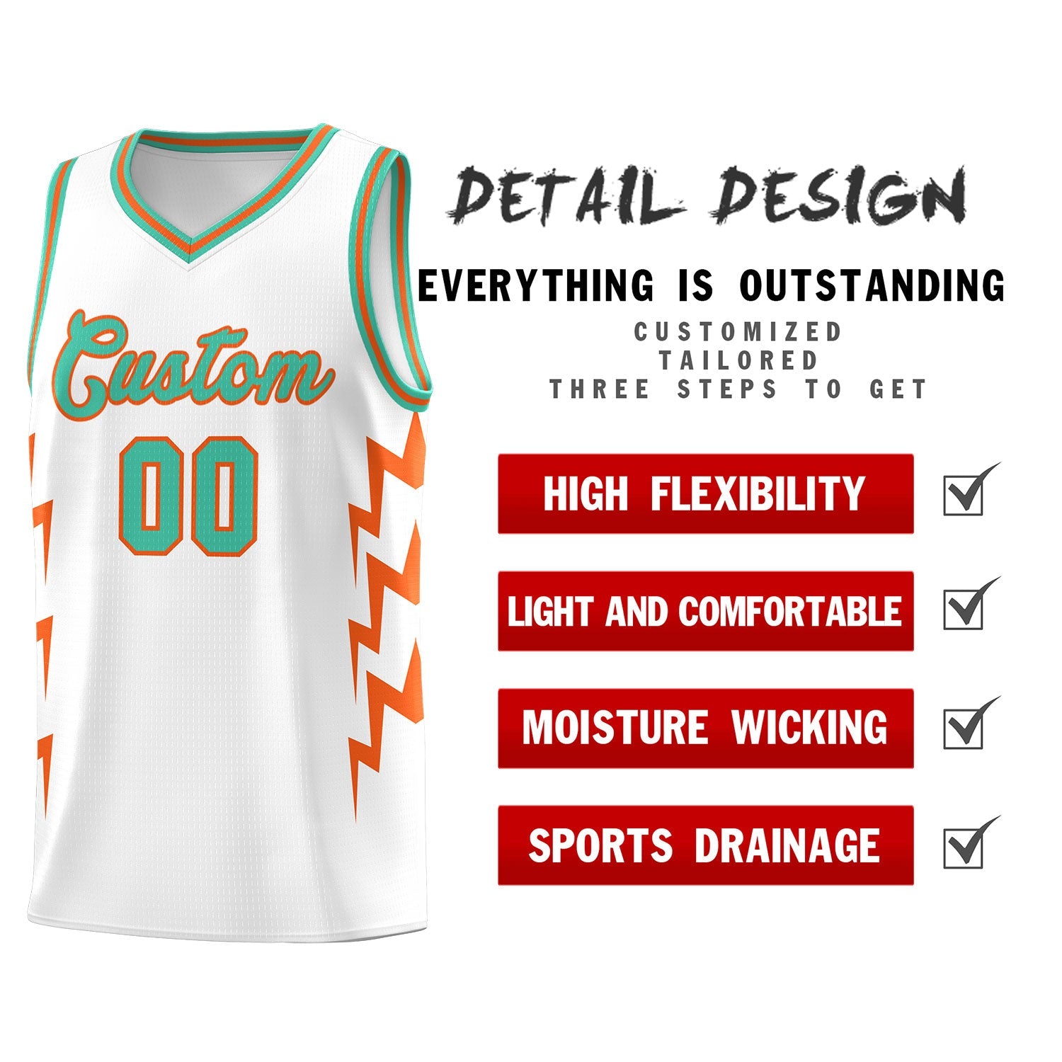 Custom White Side Lightning Pattern Sports Uniform Basketball Jersey