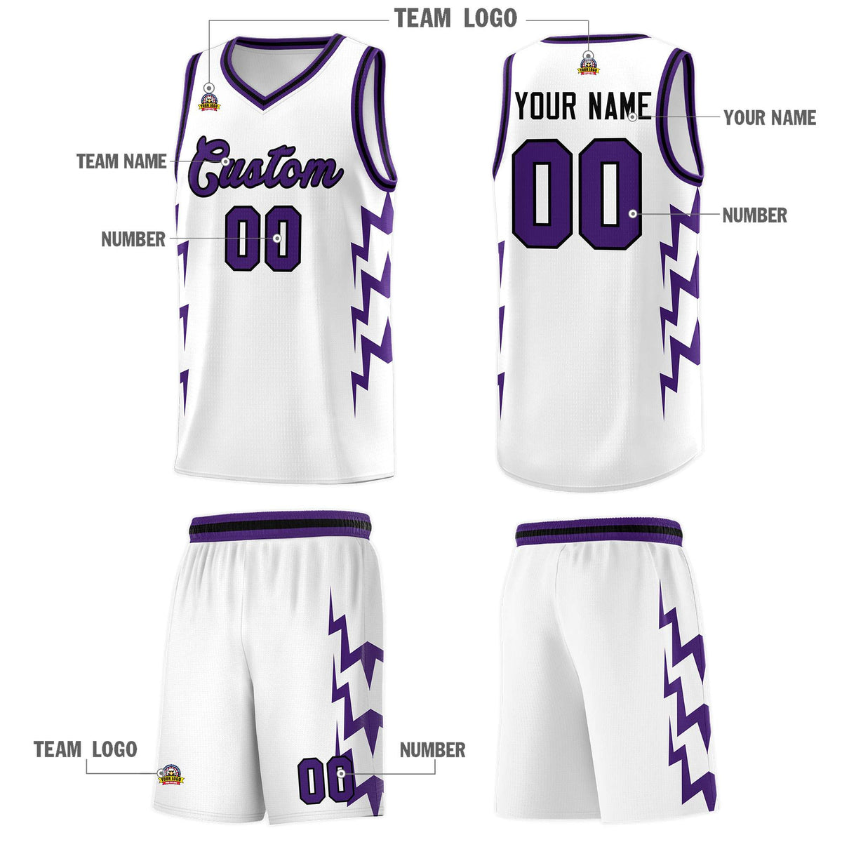 Custom White Side Lightning Pattern Sports Uniform Basketball Jersey