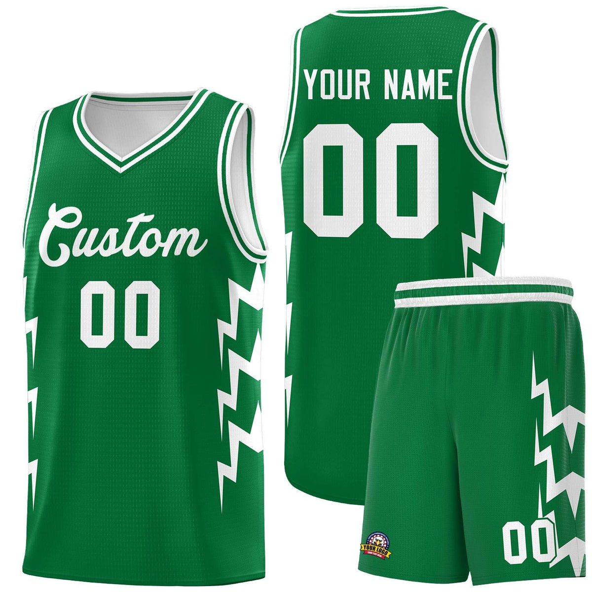 Custom Kelly Green Side Lightning Pattern Sports Uniform Basketball Jersey