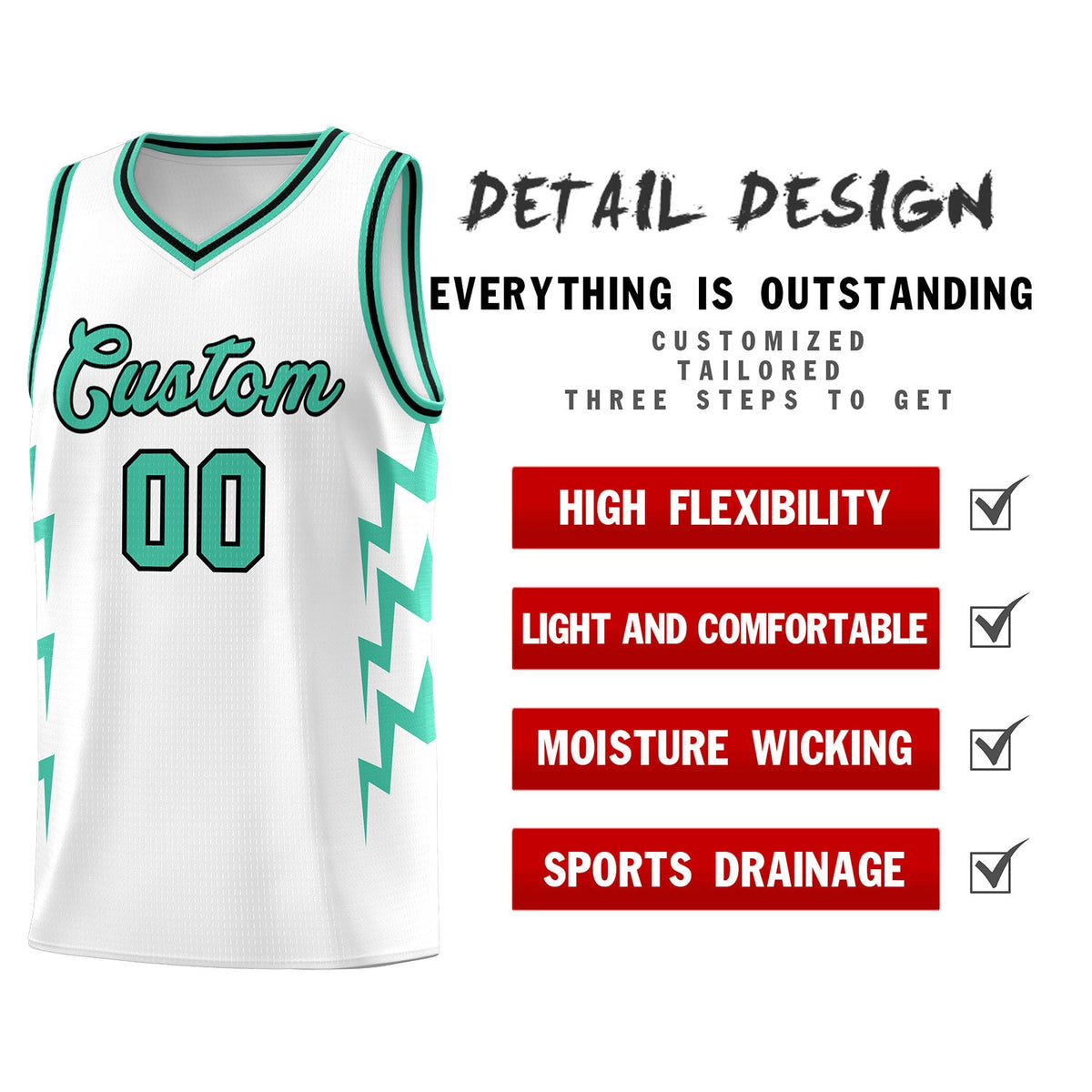 Custom White Side Lightning Pattern Sports Uniform Basketball Jersey