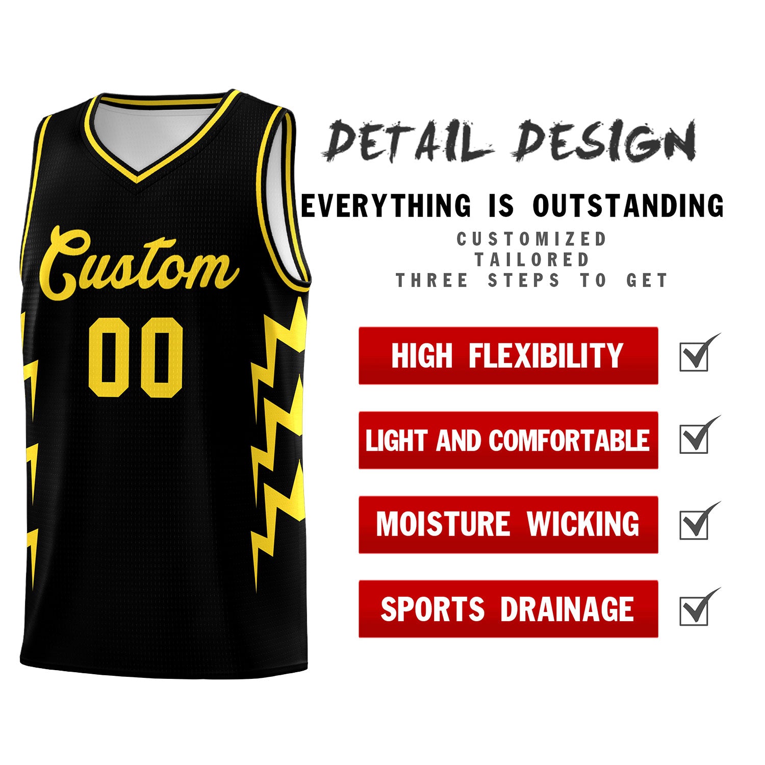 Custom Black Side Lightning Pattern Sports Uniform Basketball Jersey