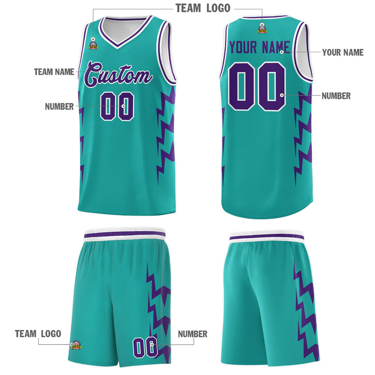 Custom Aqua Side Lightning Pattern Sports Uniform Basketball Jersey