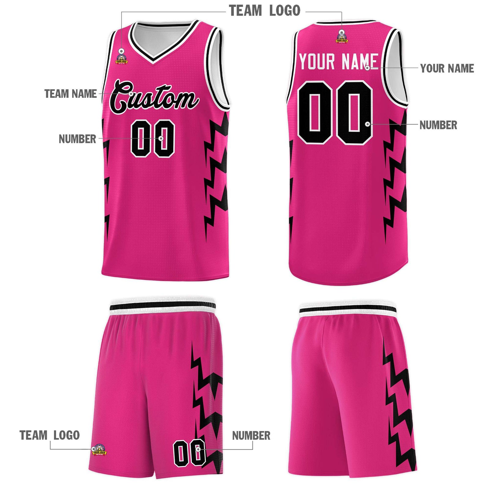 Custom Pink Side Lightning Pattern Sports Uniform Basketball Jersey