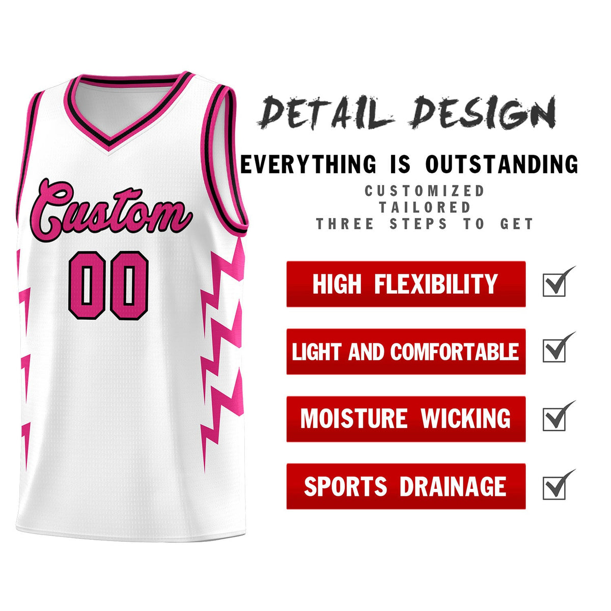 Custom White Side Lightning Pattern Sports Uniform Basketball Jersey