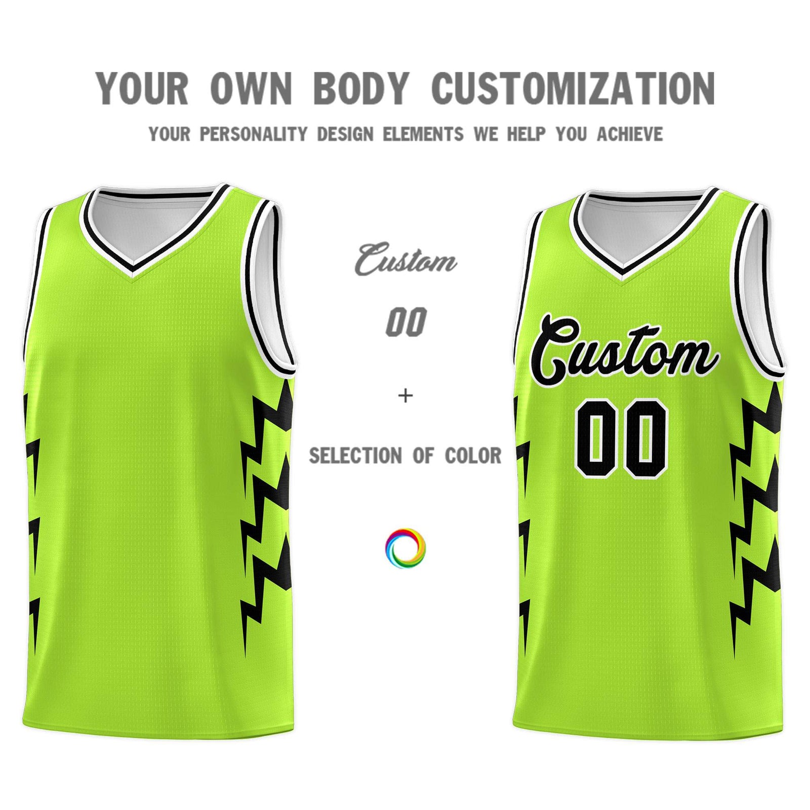 Custom Neon Green Side Lightning Pattern Sports Uniform Basketball Jersey