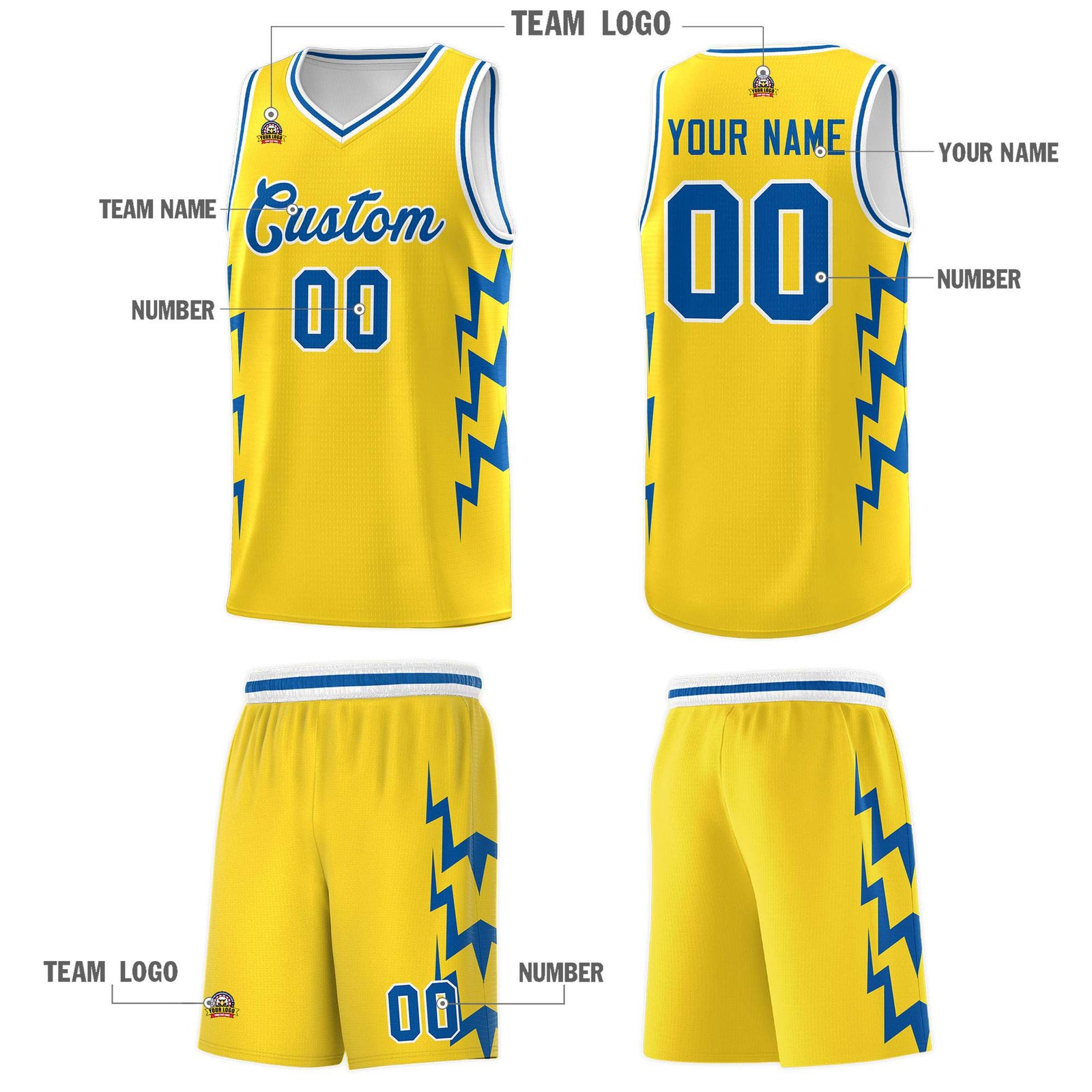 Custom Gold Side Lightning Pattern Sports Uniform Basketball Jersey