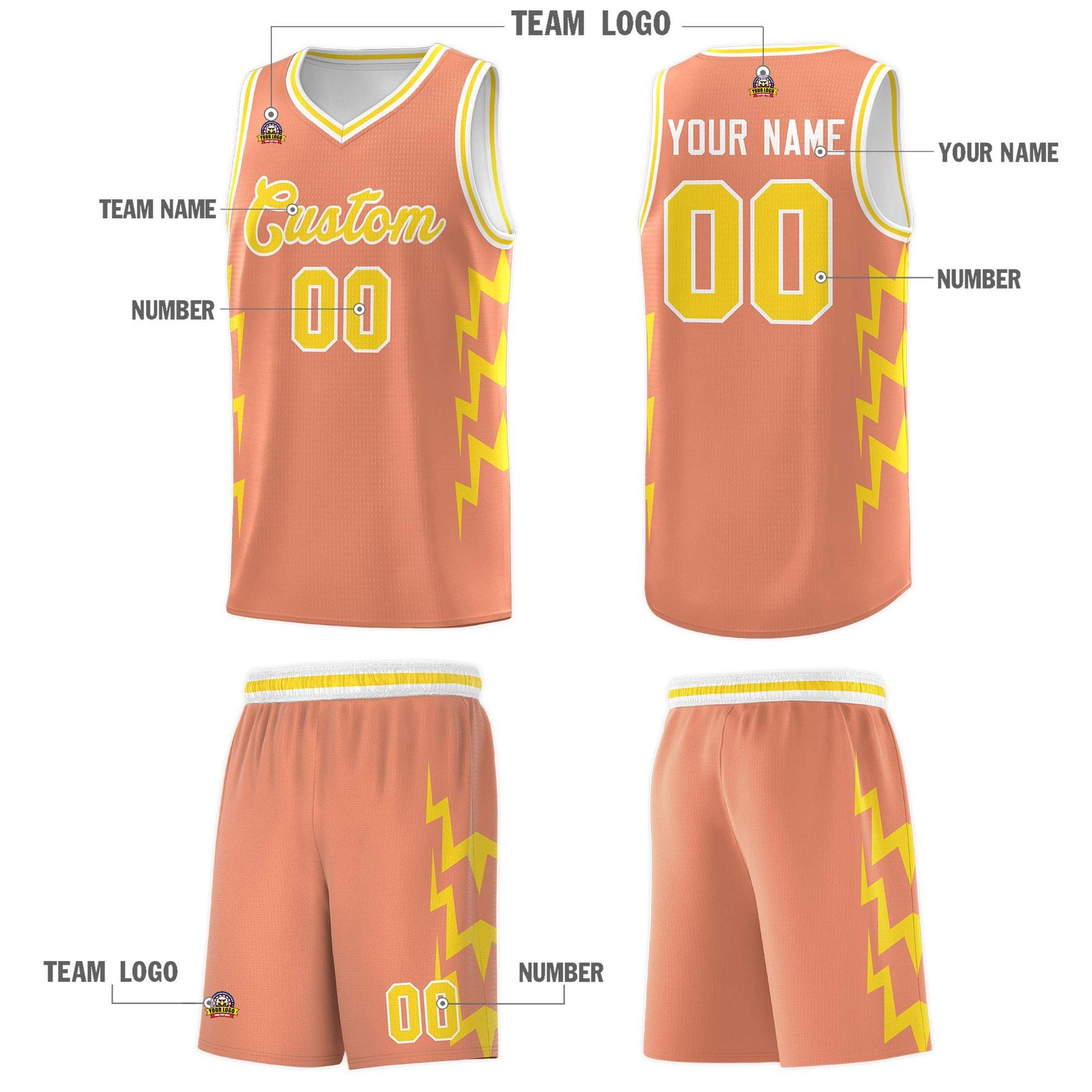 Custom Orange Side Lightning Pattern Sports Uniform Basketball Jersey