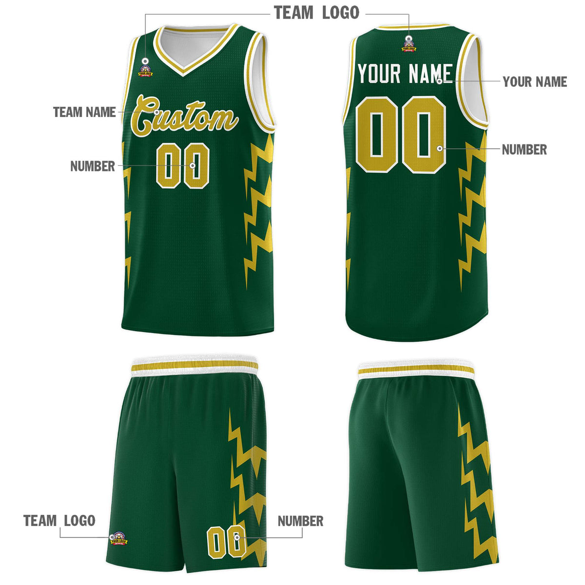 Custom Hunter Green Side Lightning Pattern Sports Uniform Basketball Jersey