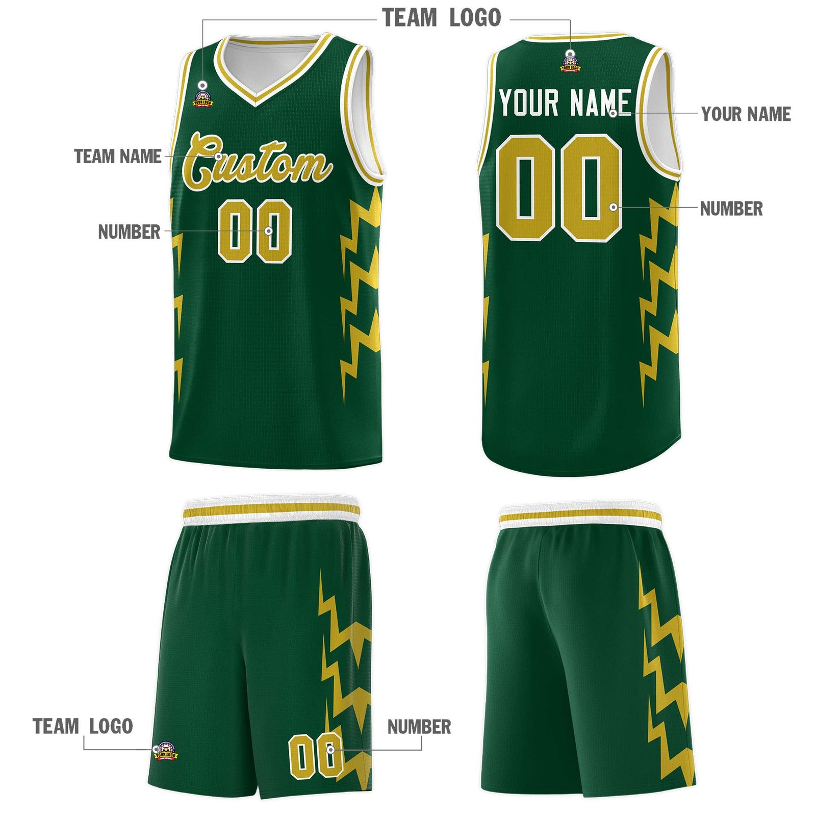 Custom Hunter Green Side Lightning Pattern Sports Uniform Basketball Jersey