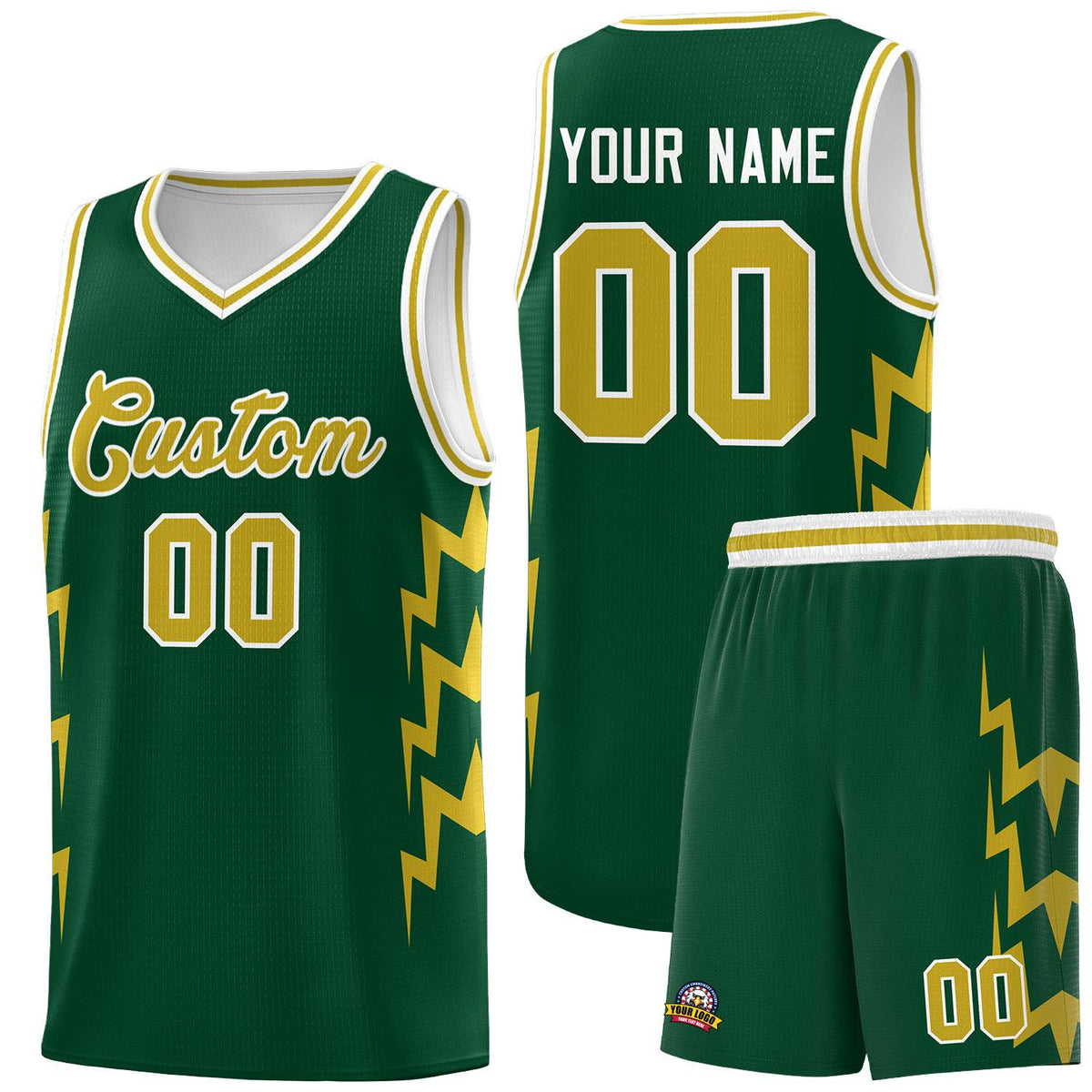 Custom Hunter Green Side Lightning Pattern Sports Uniform Basketball Jersey