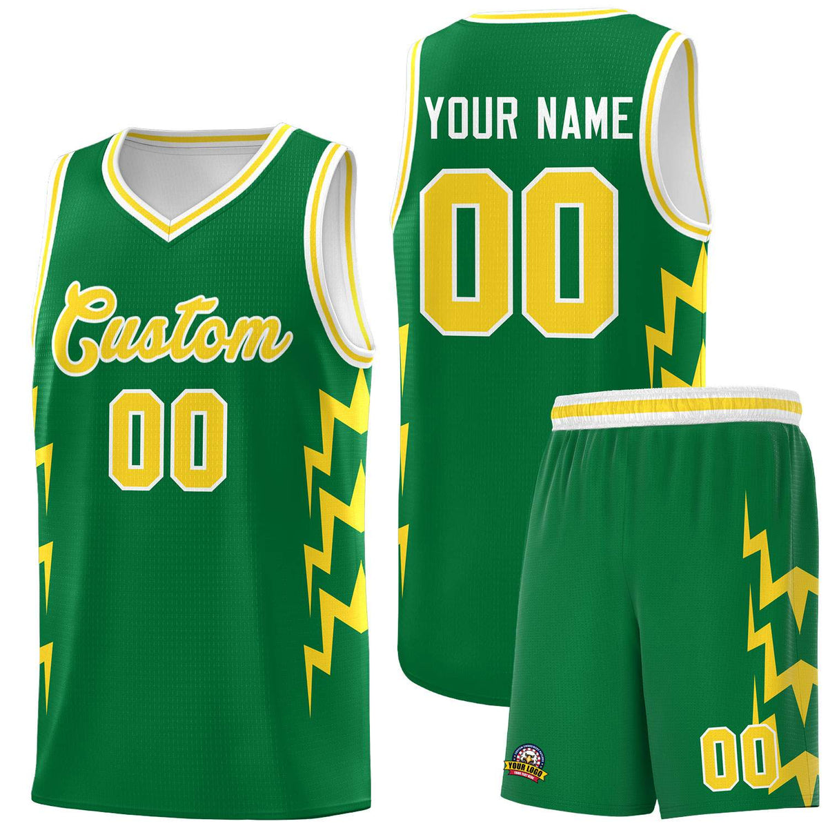 Custom Kelly Green Side Lightning Pattern Sports Uniform Basketball Jersey