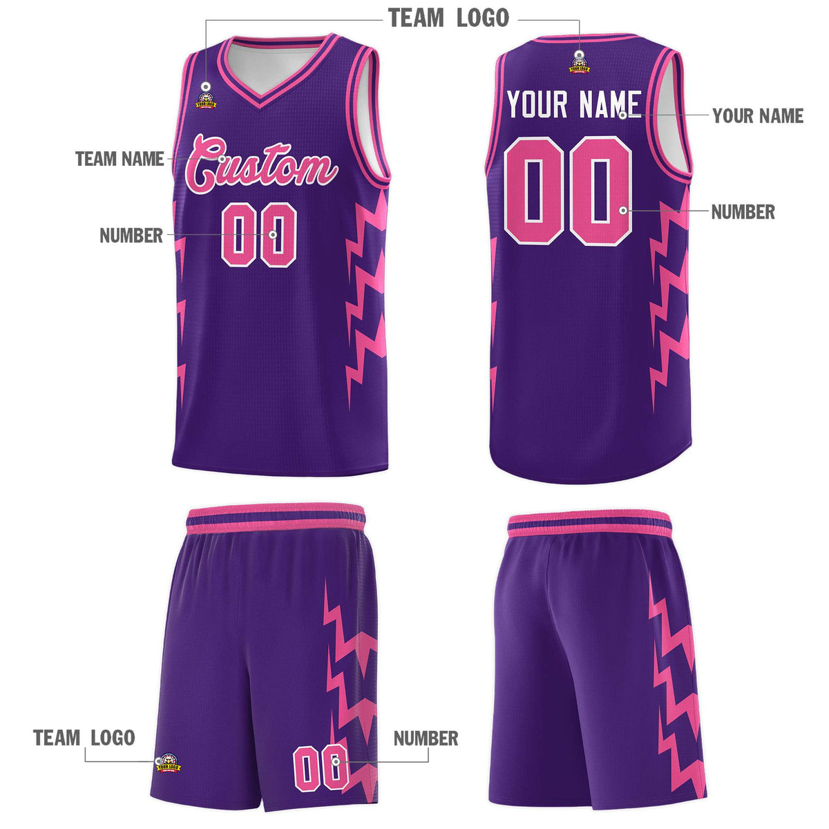 Custom Purple Side Lightning Pattern Sports Uniform Basketball Jersey