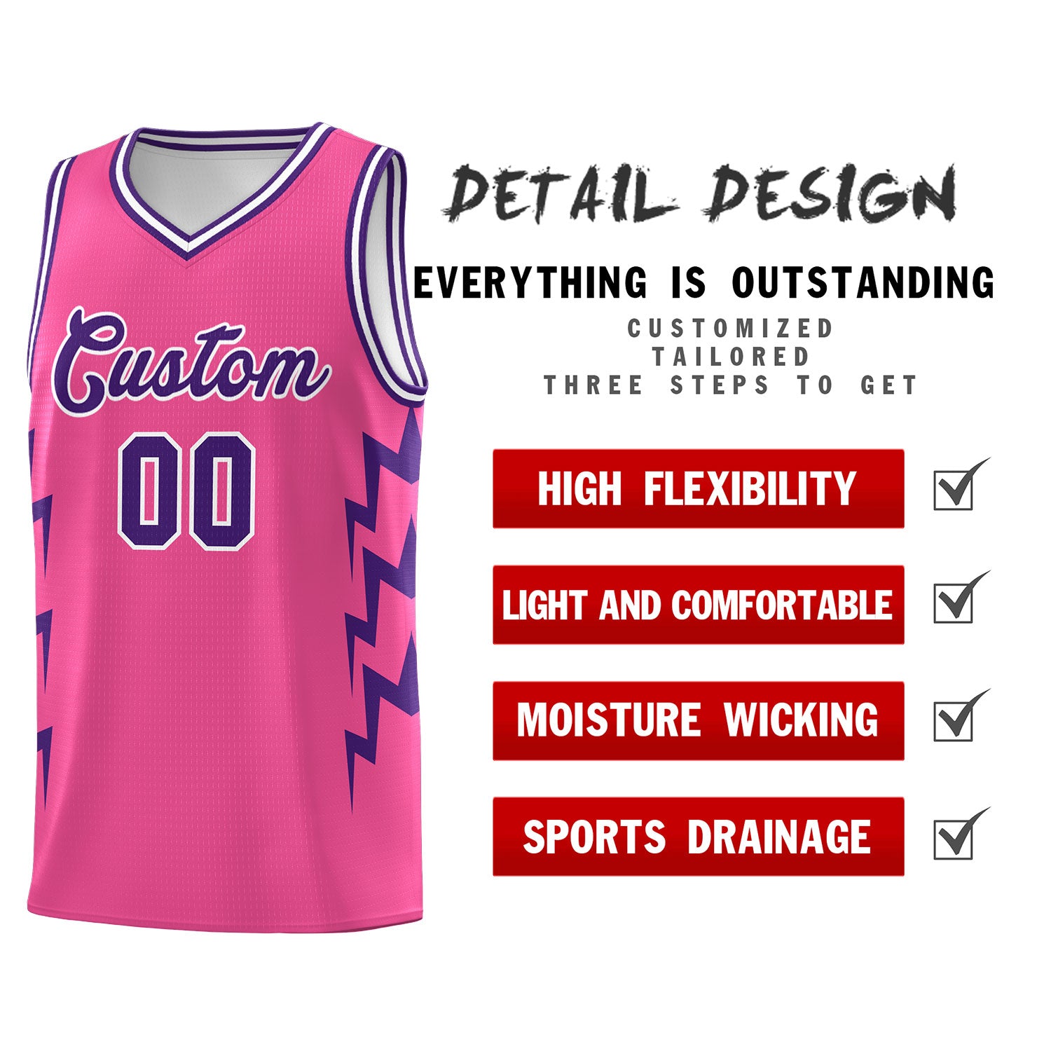 Custom Pink Side Lightning Pattern Sports Uniform Basketball Jersey