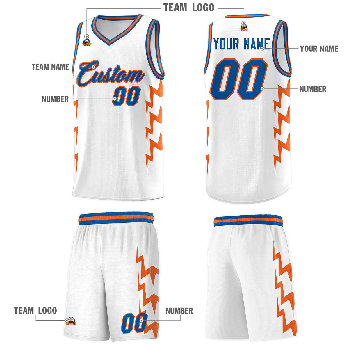 Custom White Side Lightning Pattern Sports Uniform Basketball Jersey
