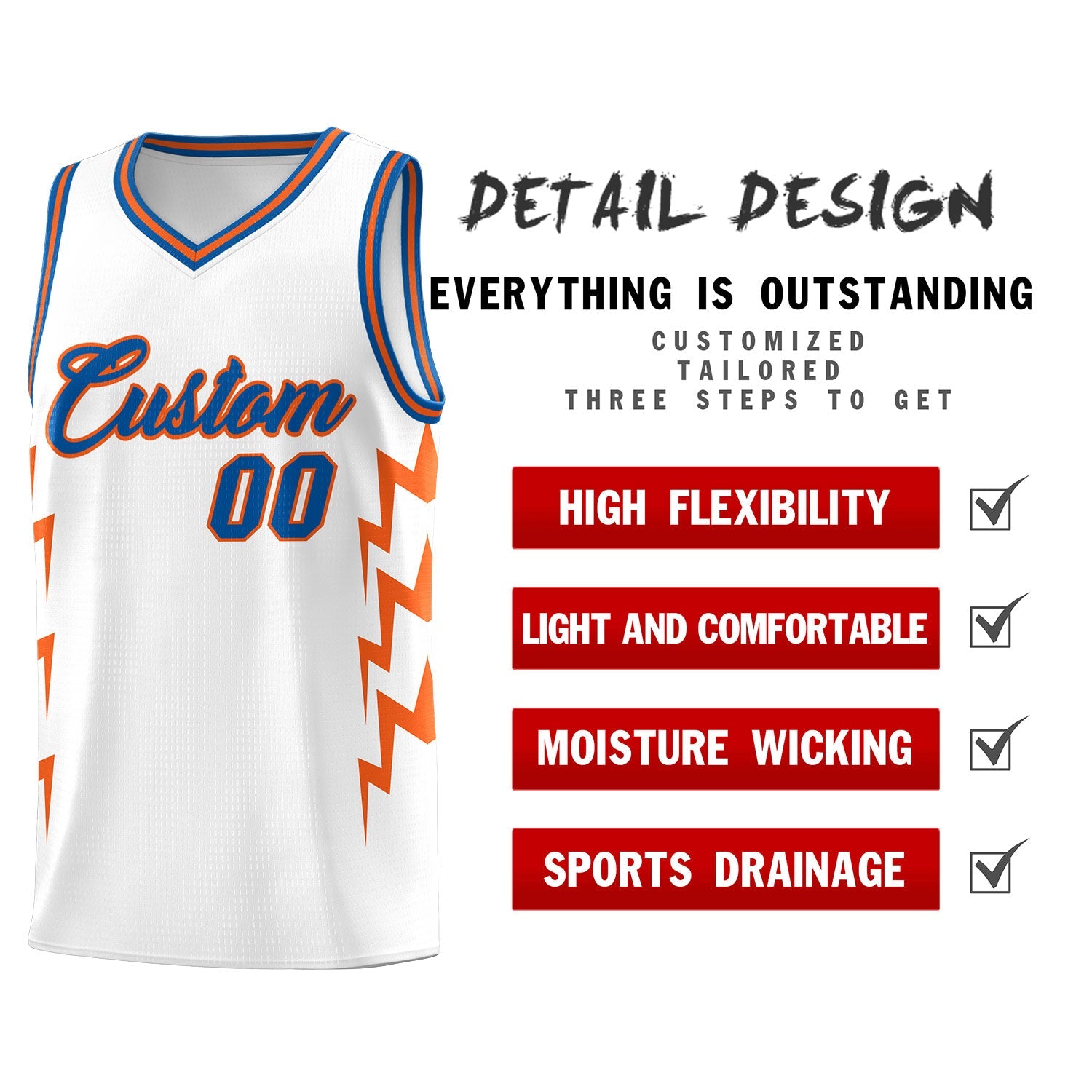 Custom White Side Lightning Pattern Sports Uniform Basketball Jersey