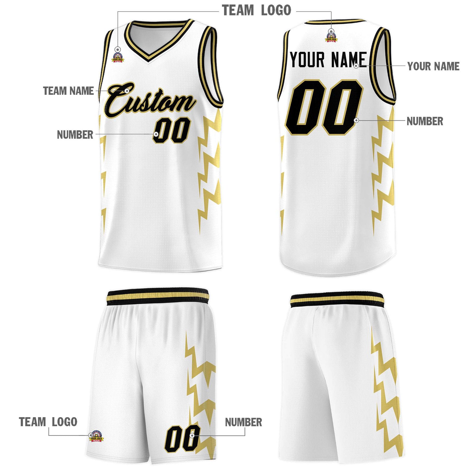 Custom White Side Lightning Pattern Sports Uniform Basketball Jersey