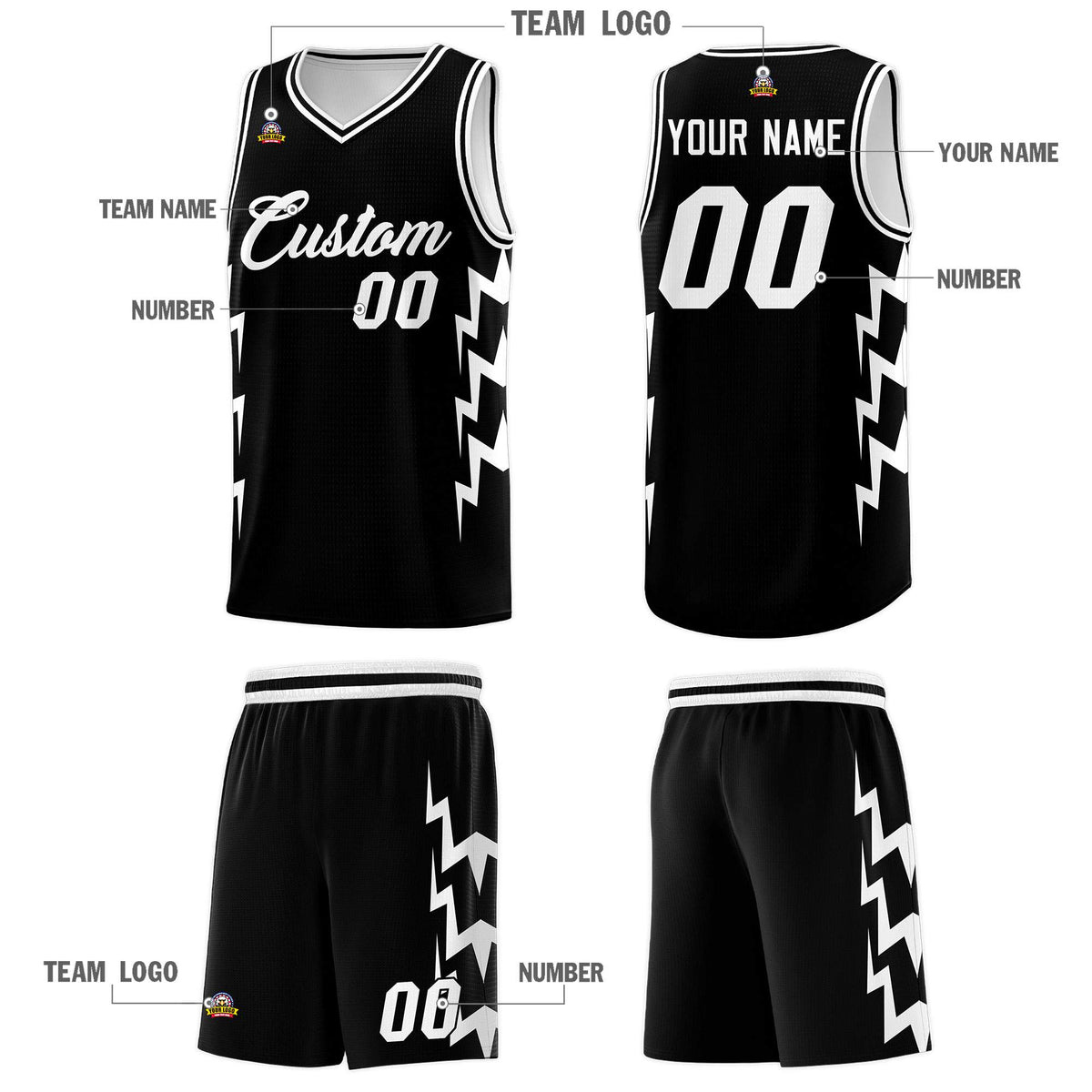 Custom Black Side Lightning Pattern Sports Uniform Basketball Jersey