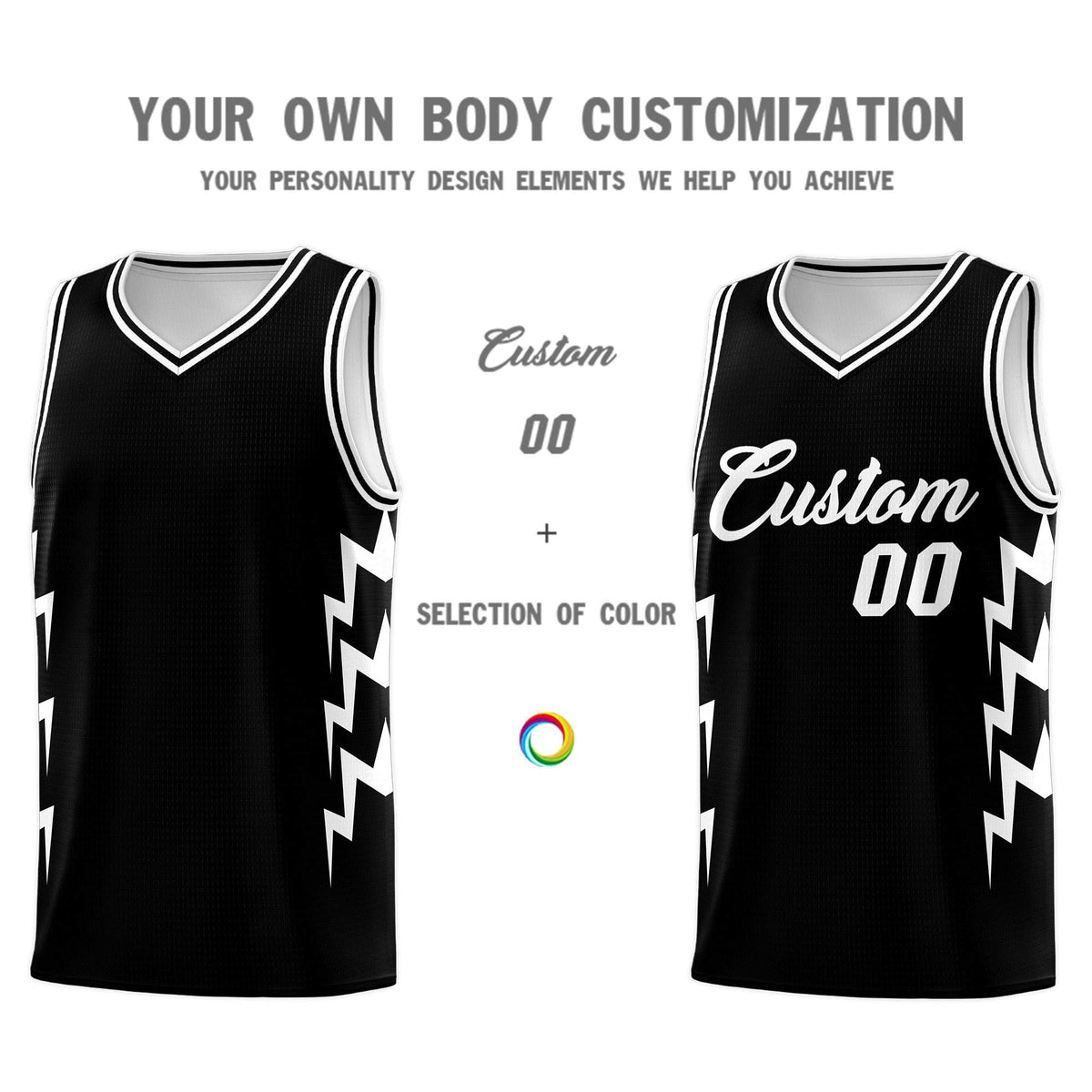 Custom Black Side Lightning Pattern Sports Uniform Basketball Jersey