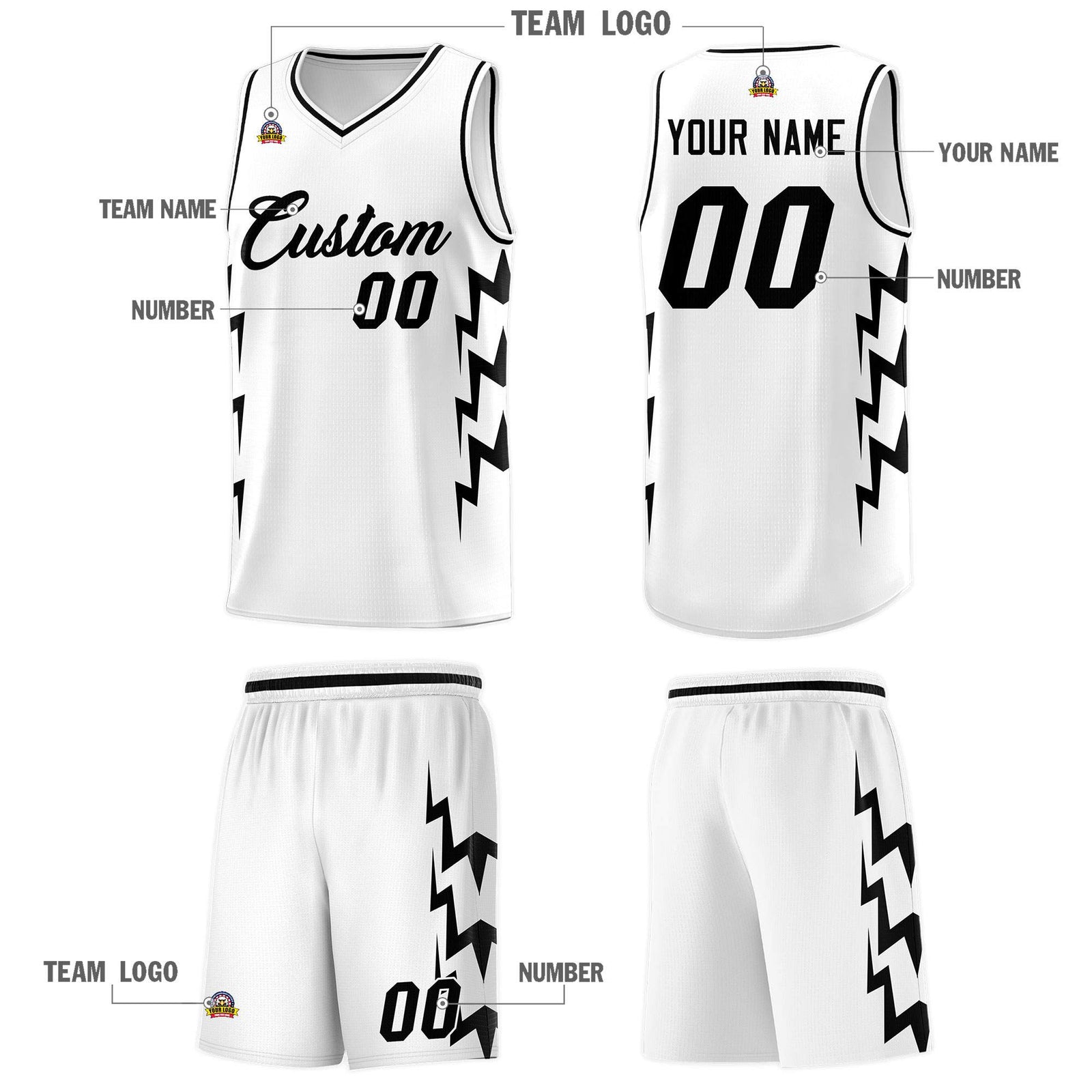 Custom White Side Lightning Pattern Sports Uniform Basketball Jersey