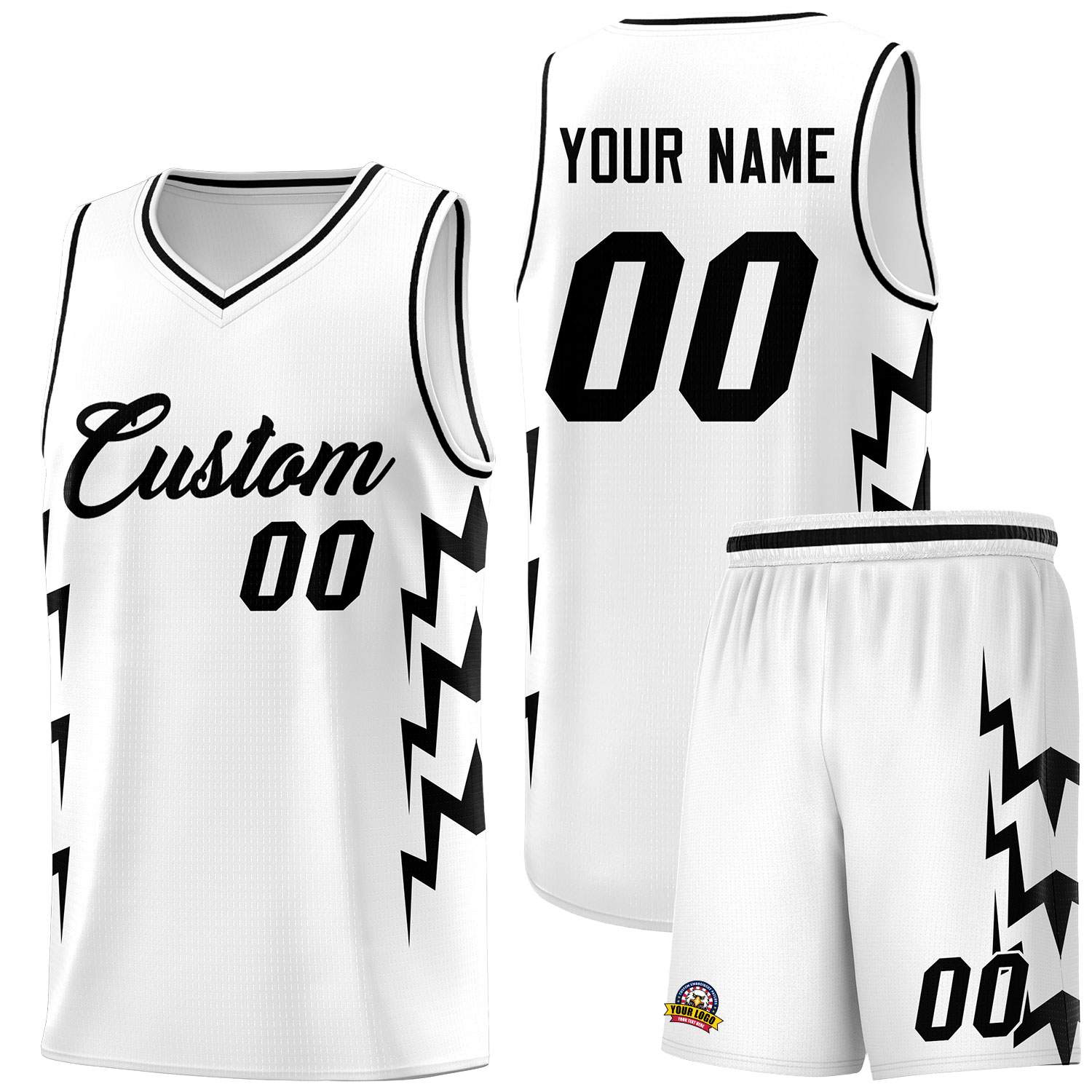 Custom White Side Lightning Pattern Sports Uniform Basketball Jersey