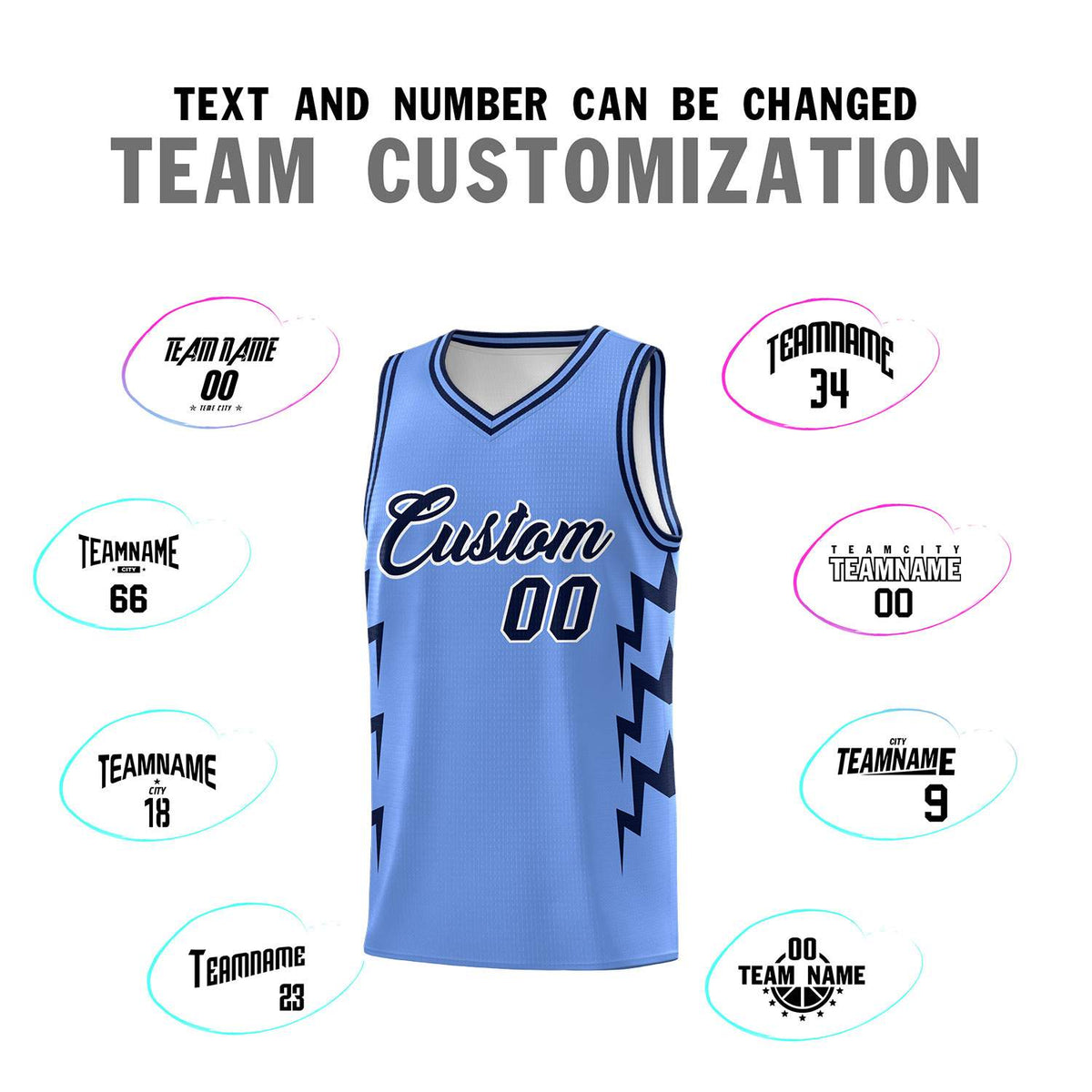 Custom Light Blue Side Lightning Pattern Sports Uniform Basketball Jersey