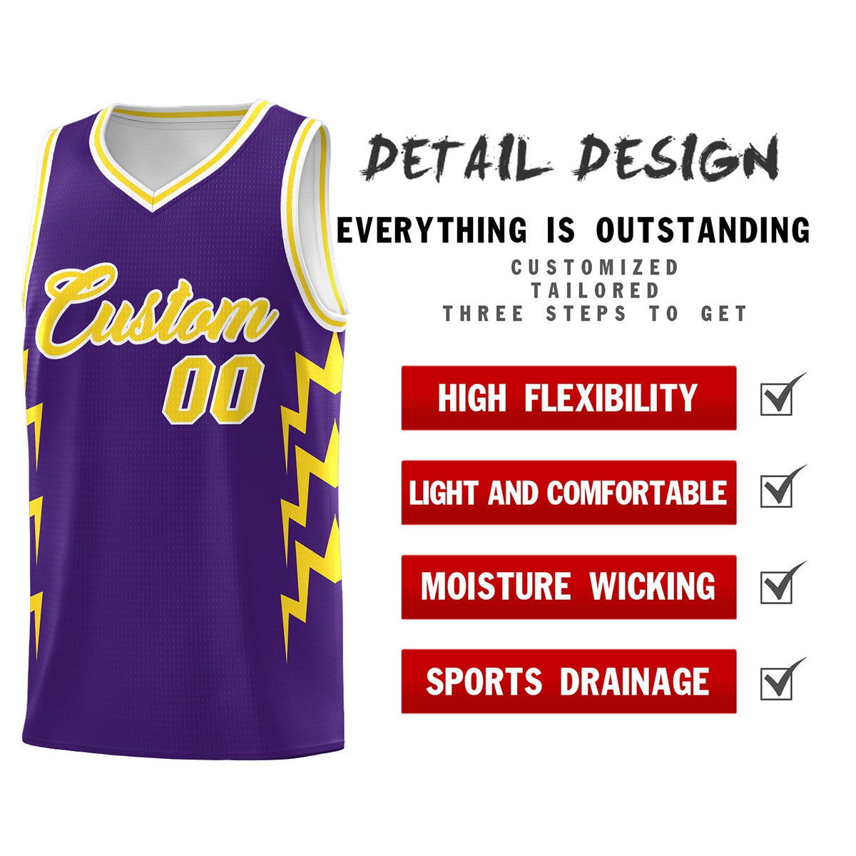 Custom Purple Side Lightning Pattern Sports Uniform Basketball Jersey