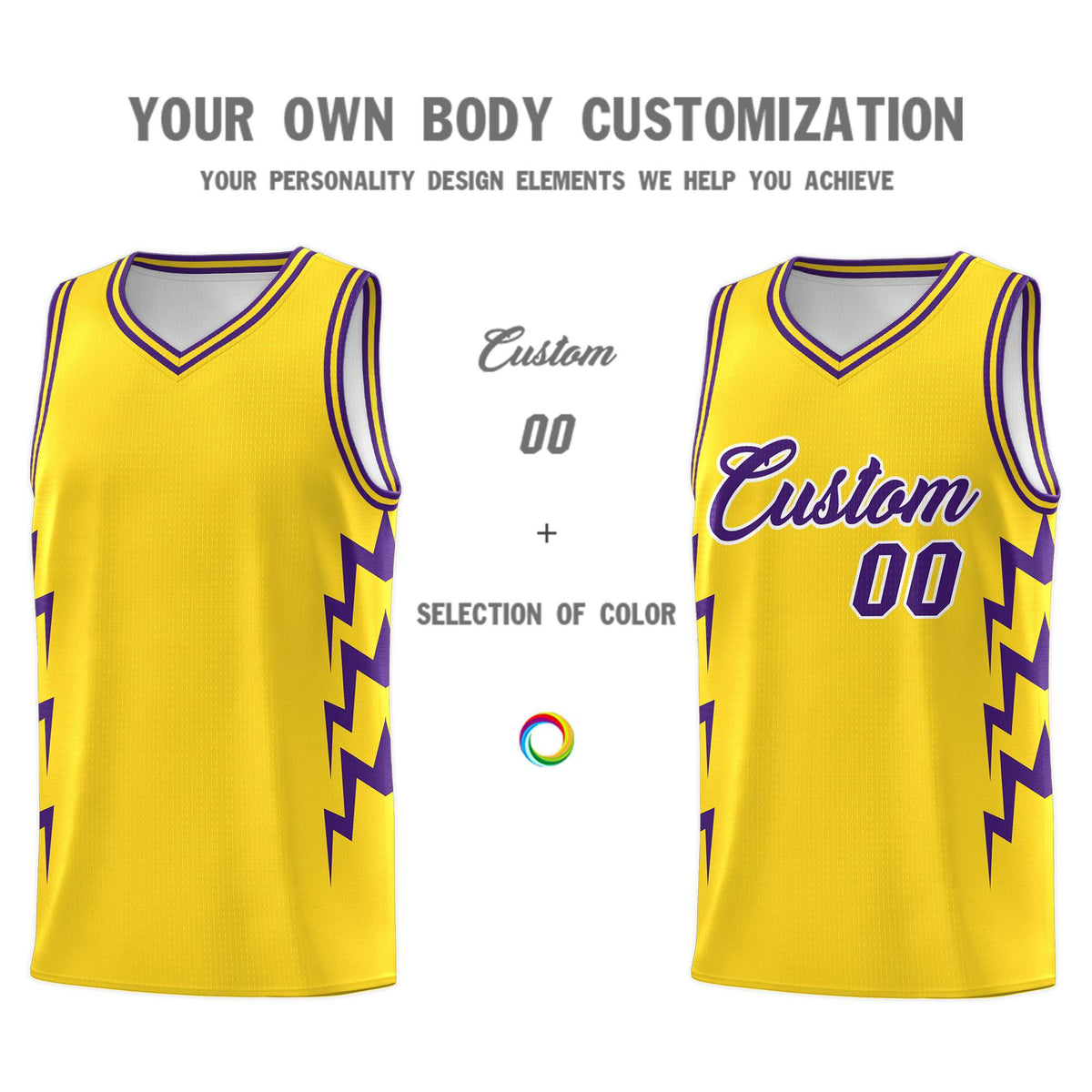 Custom Gold Side Lightning Pattern Sports Uniform Basketball Jersey